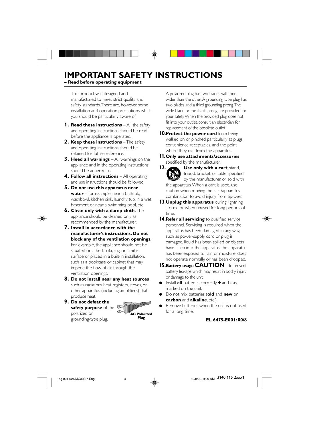 Philips 30 manual Important Safety Instructions 