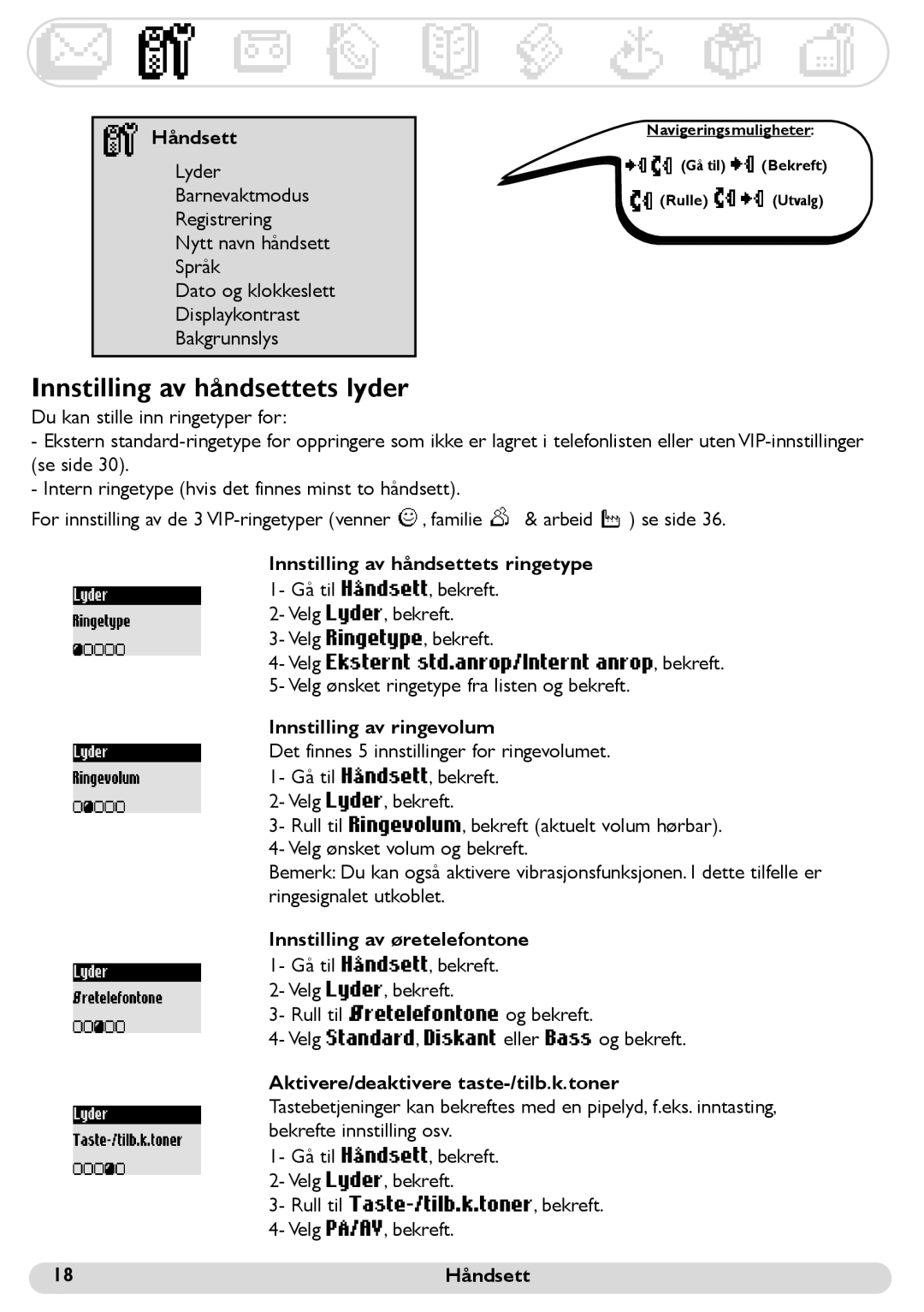 Philips 300 Innstilling av håndsettets lyder, Håndsett, Innstilling av ringevolum, Aktivere/deaktivere taste-/tilb.k.toner 