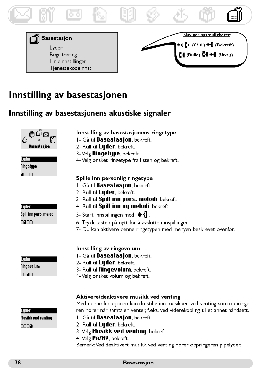 Philips 300 Innstilling av basestasjonens akustiske signaler, Basestasjon, Aktivere/deaktivere musikk ved venting 