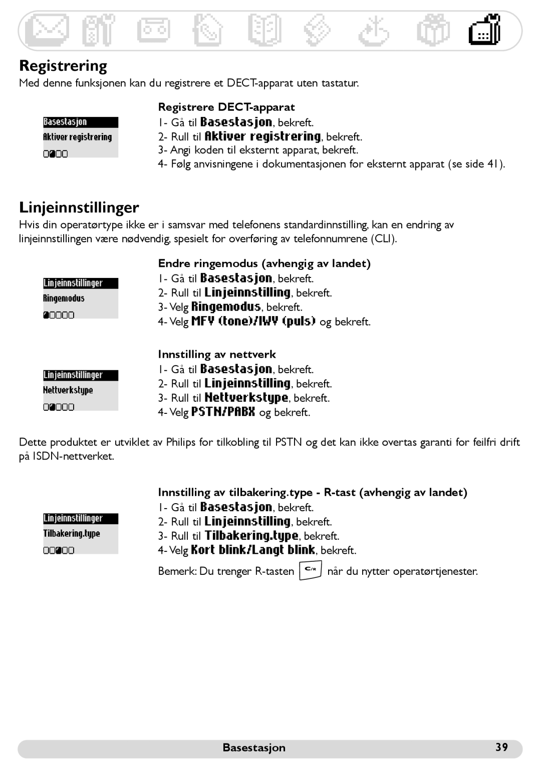 Philips 300 manual Registrering, Linjeinnstillinger, Registrere DECT-apparat, Innstilling av nettverk 