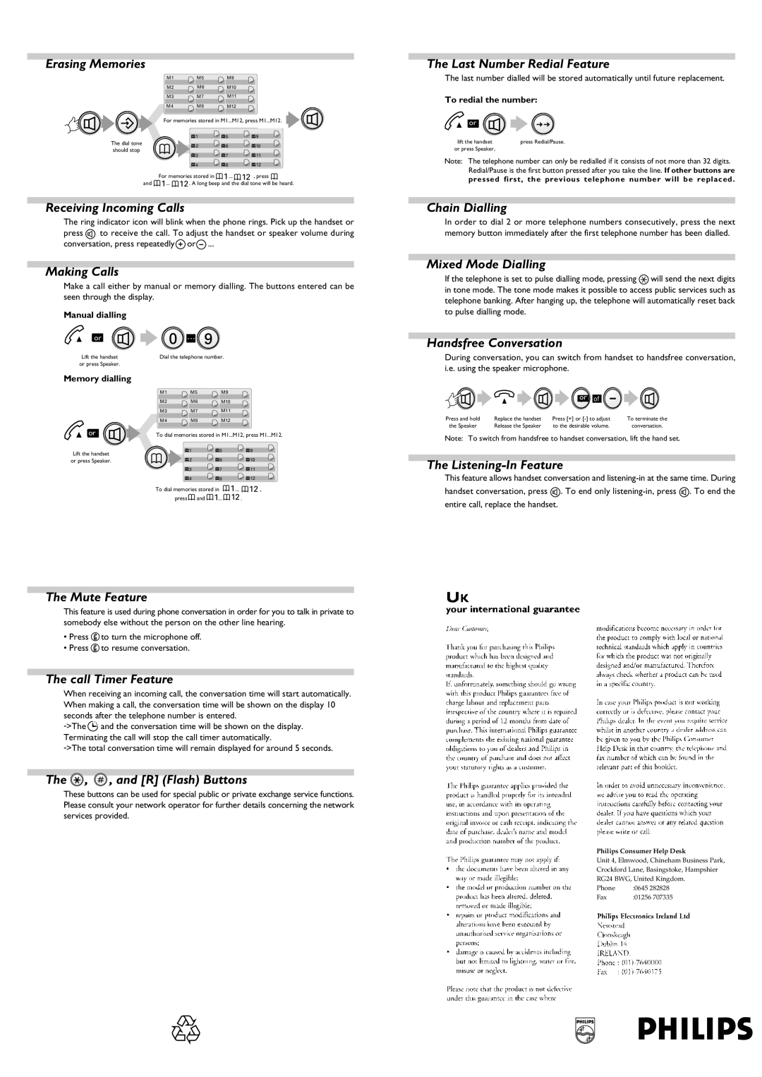 Philips 300 Erasing Memories, Last Number Redial Feature, Receiving Incoming Calls, Making Calls, Chain Dialling 