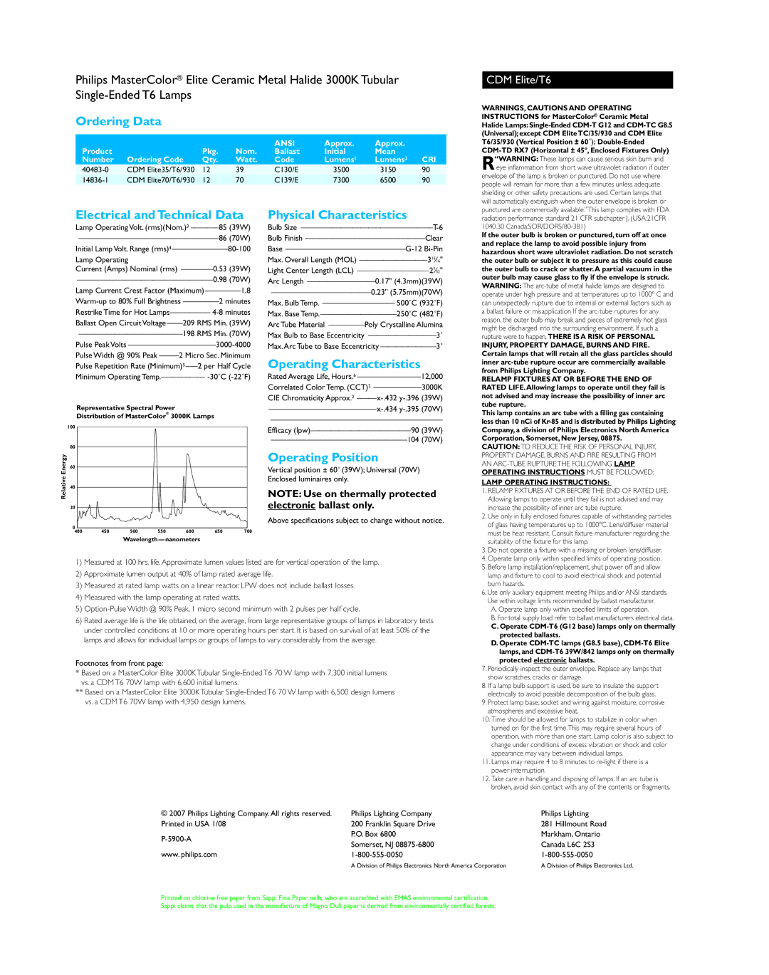 Philips 3000K dimensions Ordering Data, Electrical and Technical Data, Physical Characteristics, Operating Characteristics 