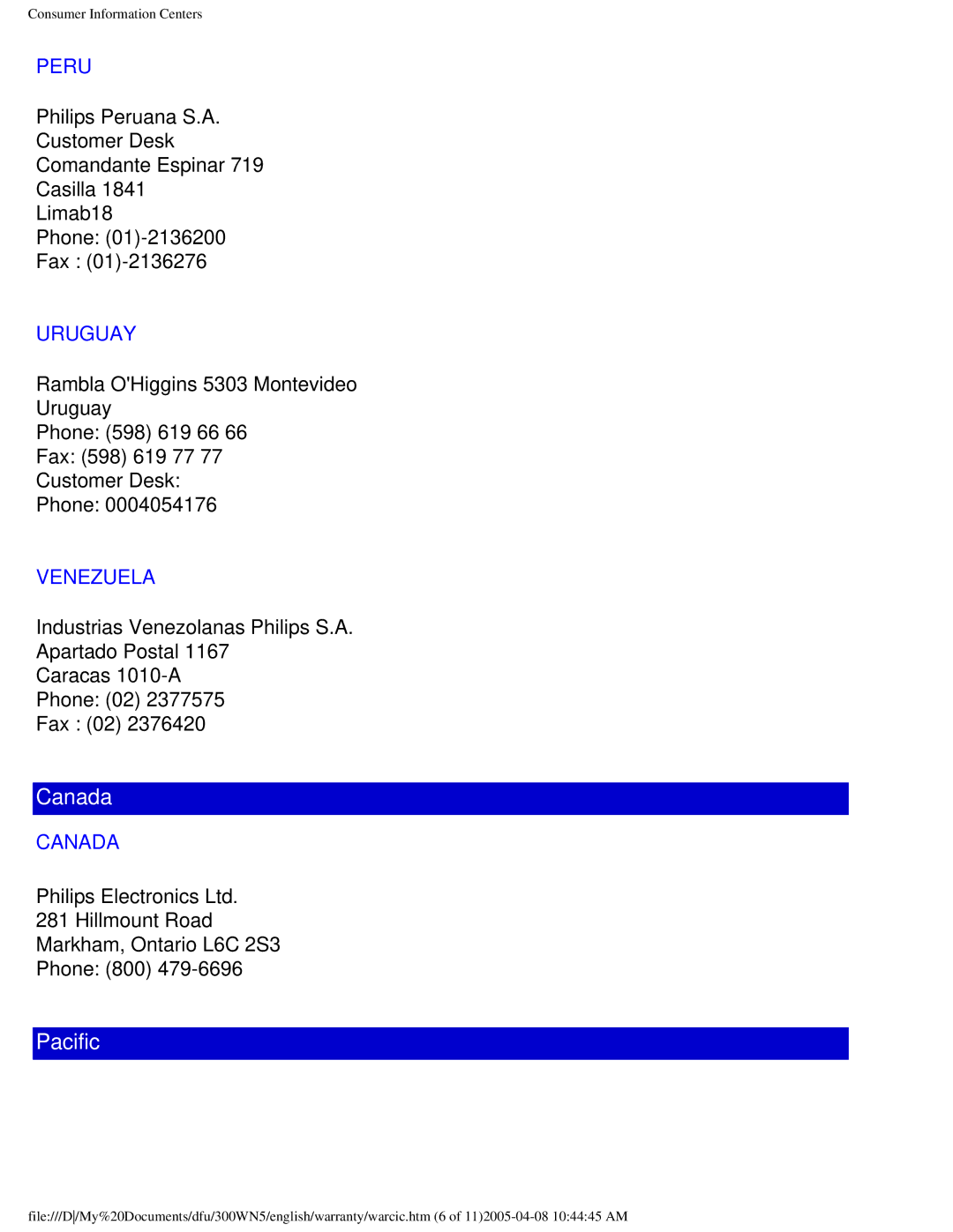 Philips 300WN5 manual Peru, Uruguay, Venezuela, Canada, Hillmount Road Markham, Ontario L6C 2S3 Phone 800 