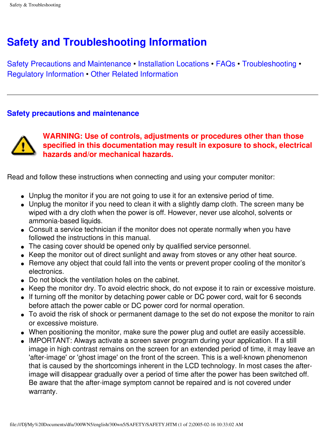 Philips 300WN5 manual Safety and Troubleshooting Information, Safety precautions and maintenance 