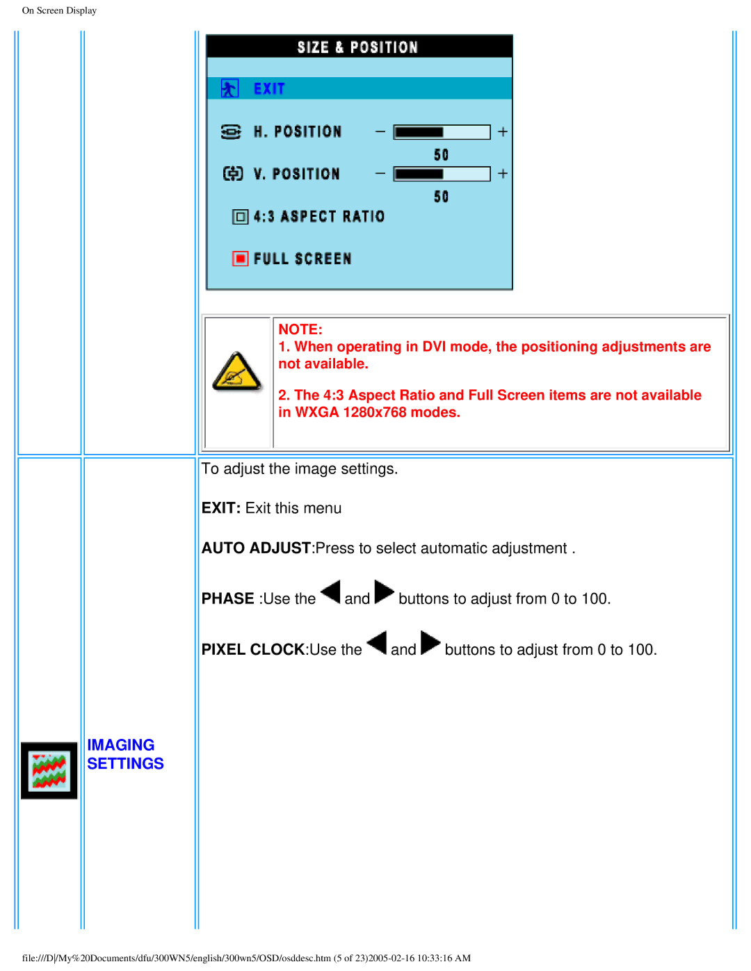 Philips 300WN5 manual Imaging Settings 