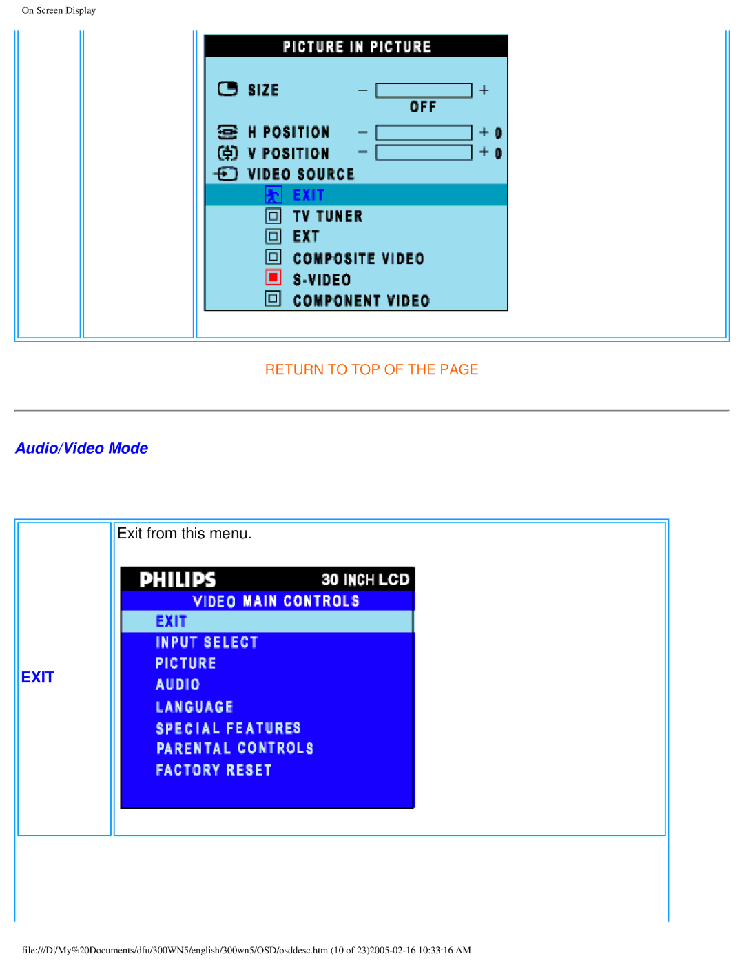 Philips 300WN5 manual Audio/Video Mode, Exit from this menu 