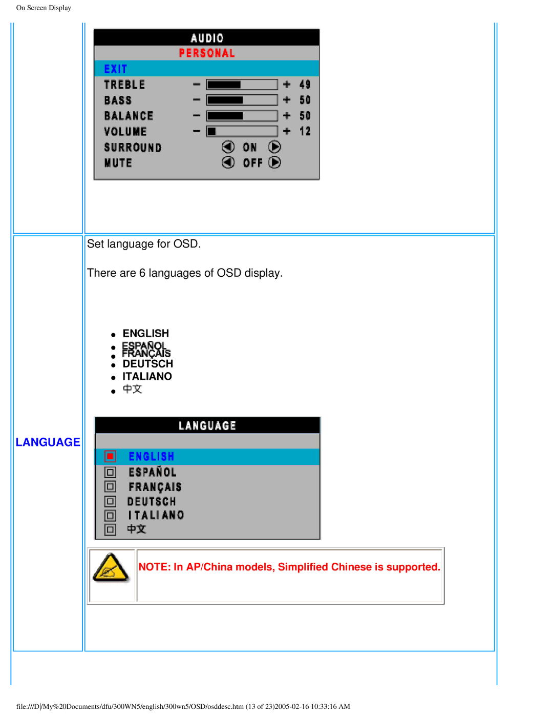 Philips 300WN5 manual Set language for OSD There are 6 languages of OSD display, Language 