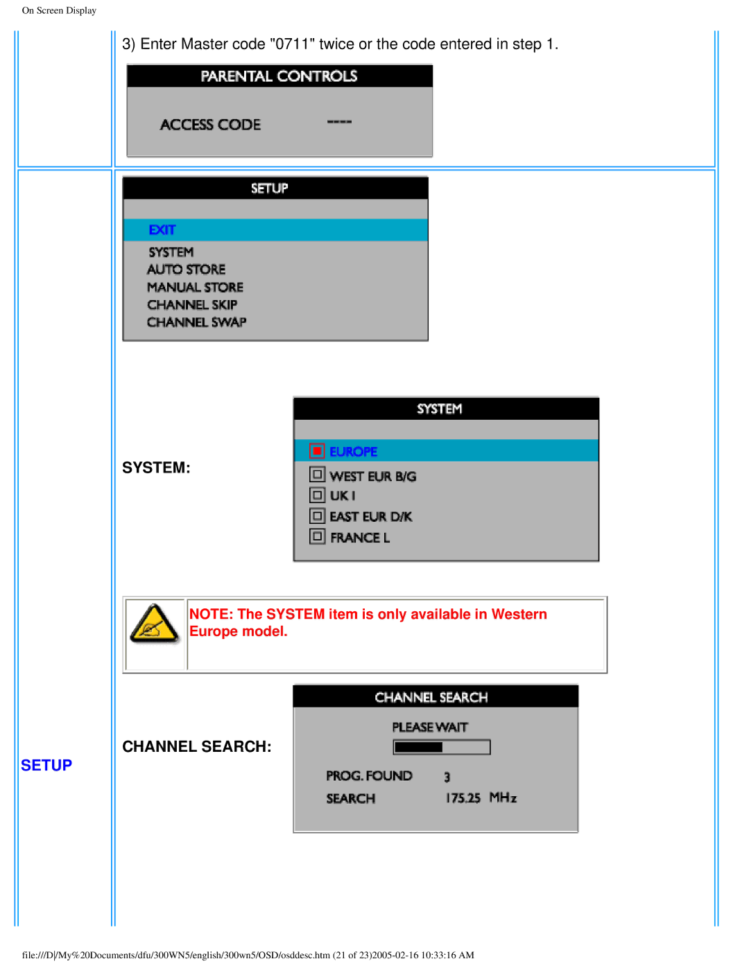 Philips 300WN5 manual Enter Master code 0711 twice or the code entered in step, Setup 