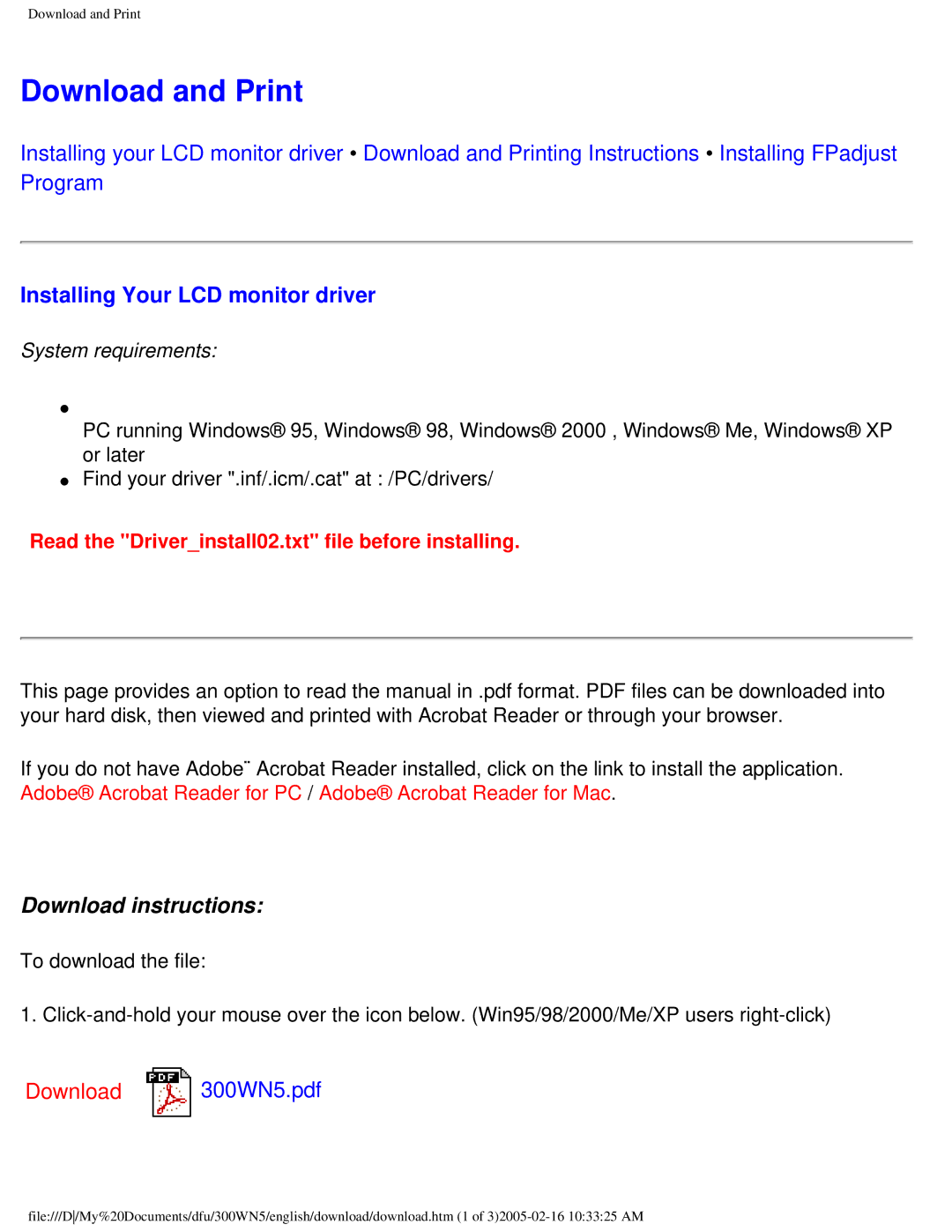 Philips 300WN5 manual Download and Print, Installing Your LCD monitor driver 