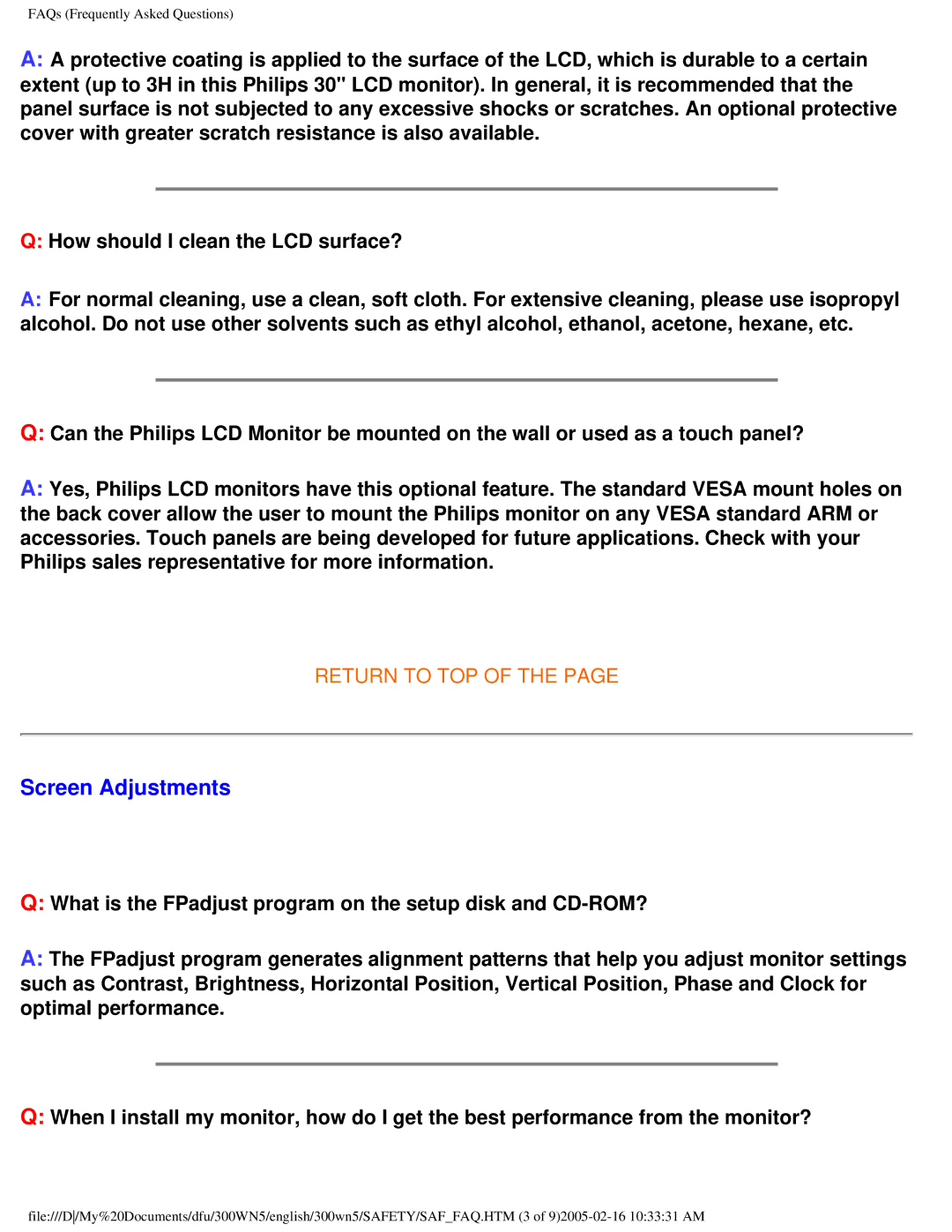 Philips 300WN5 manual Screen Adjustments 