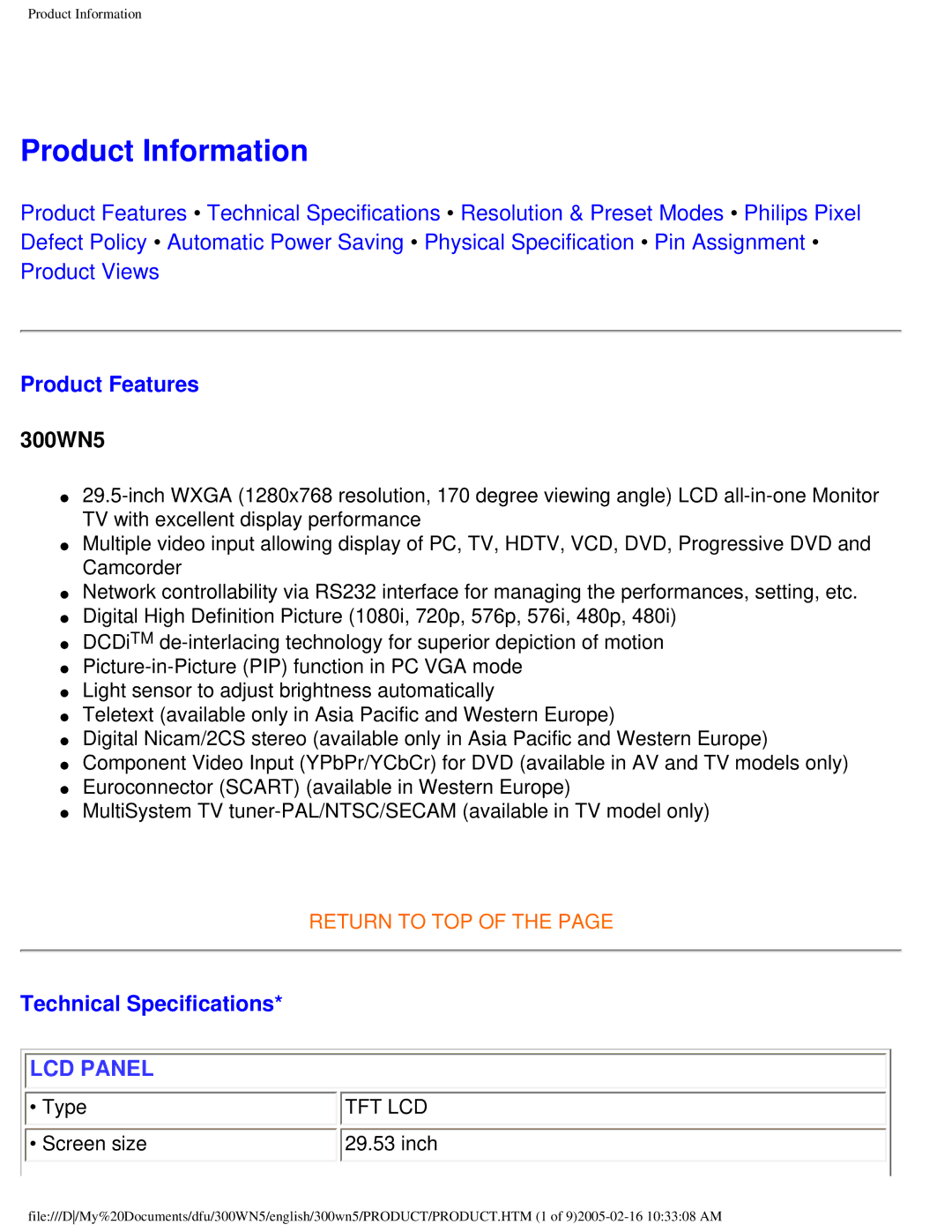 Philips 300WN5 manual Product Information, Product Features, Technical Specifications, Type, Screen size Inch 