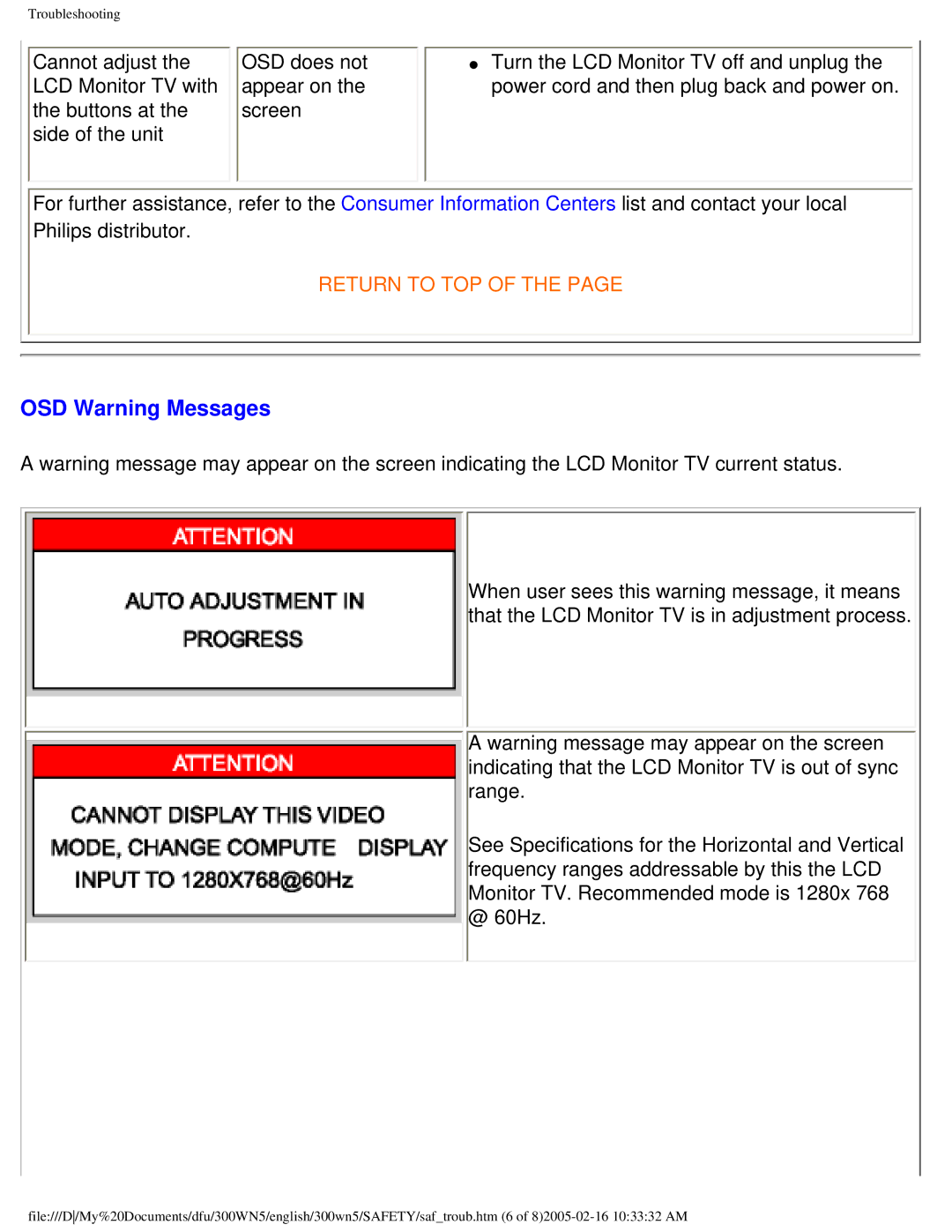 Philips 300WN5 manual OSD Warning Messages 