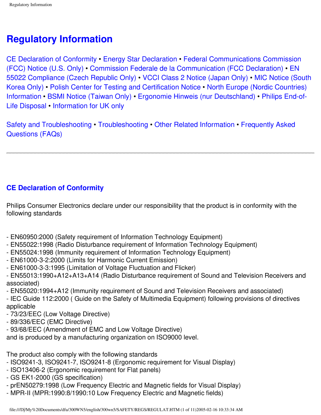 Philips 300WN5 manual Regulatory Information, CE Declaration of Conformity 