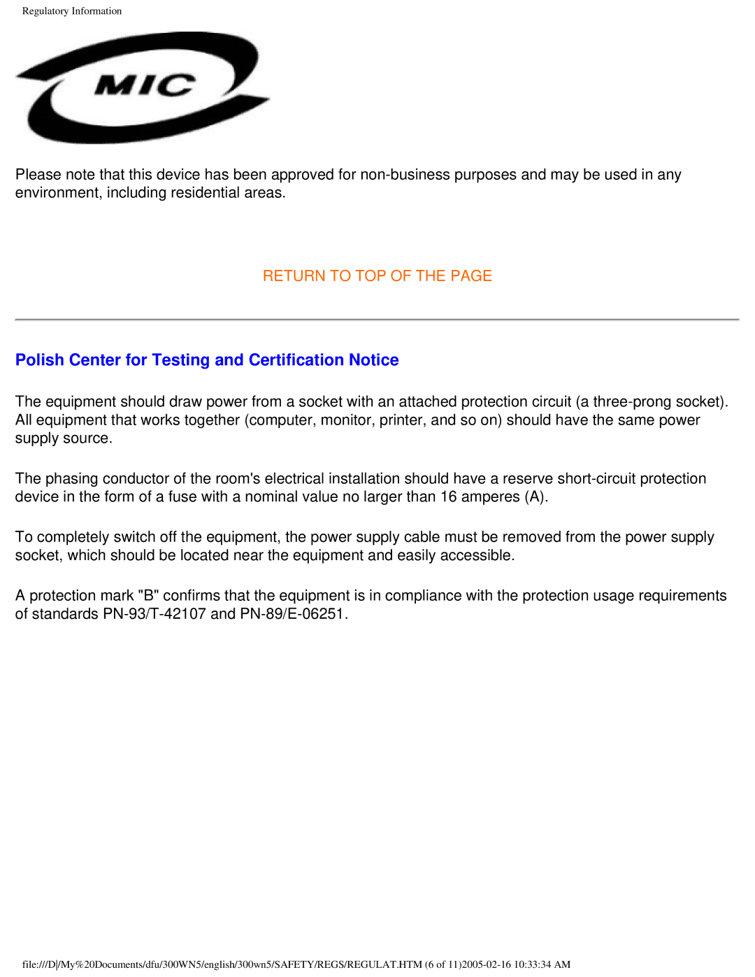 Philips 300WN5 manual Polish Center for Testing and Certification Notice 