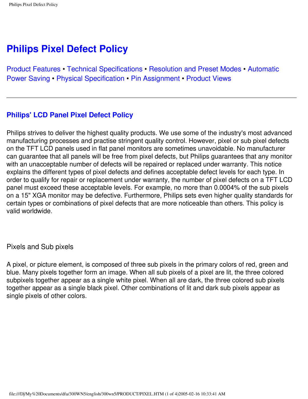 Philips 300WN5 manual Philips Pixel Defect Policy, Philips LCD Panel Pixel Defect Policy 