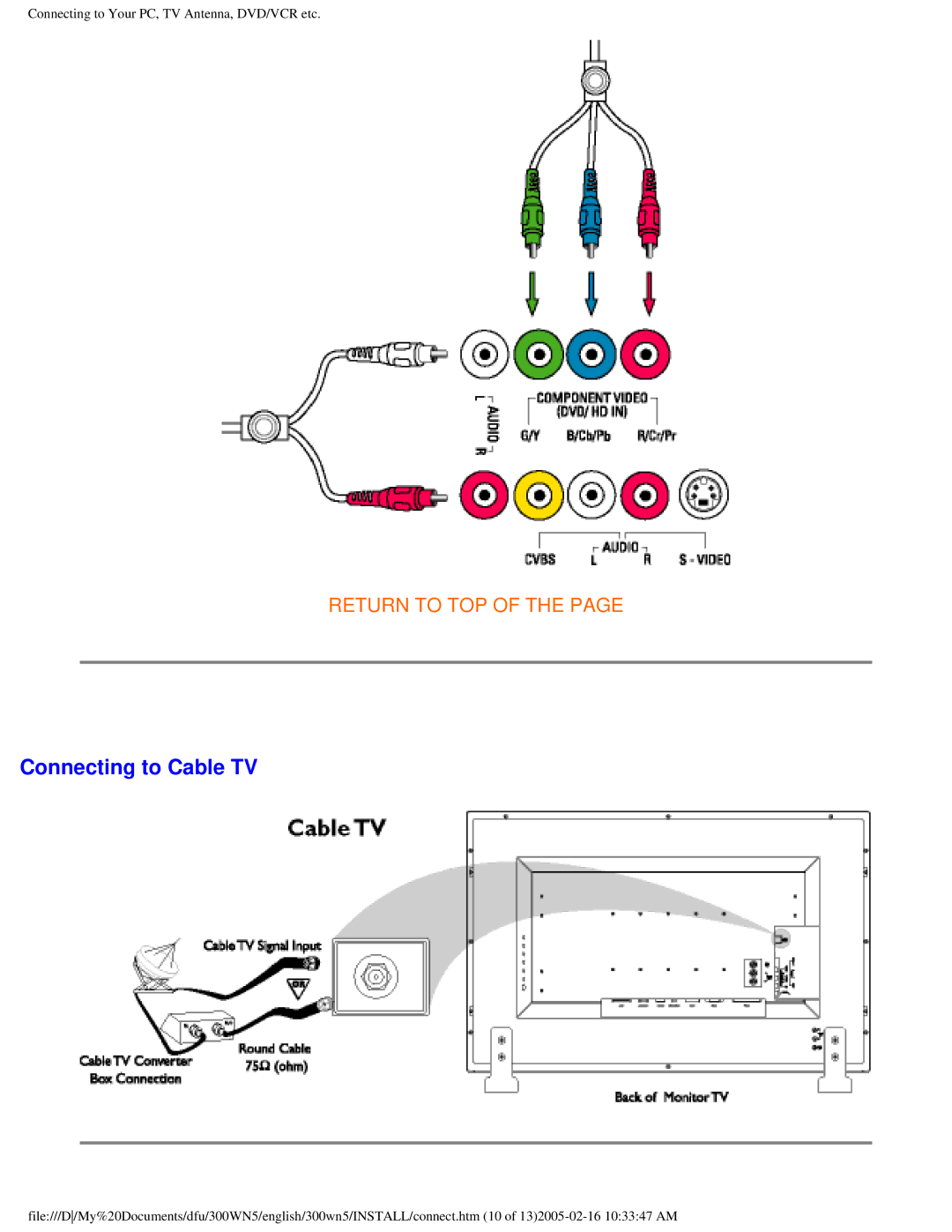 Philips 300WN5 manual Connecting to Cable TV 