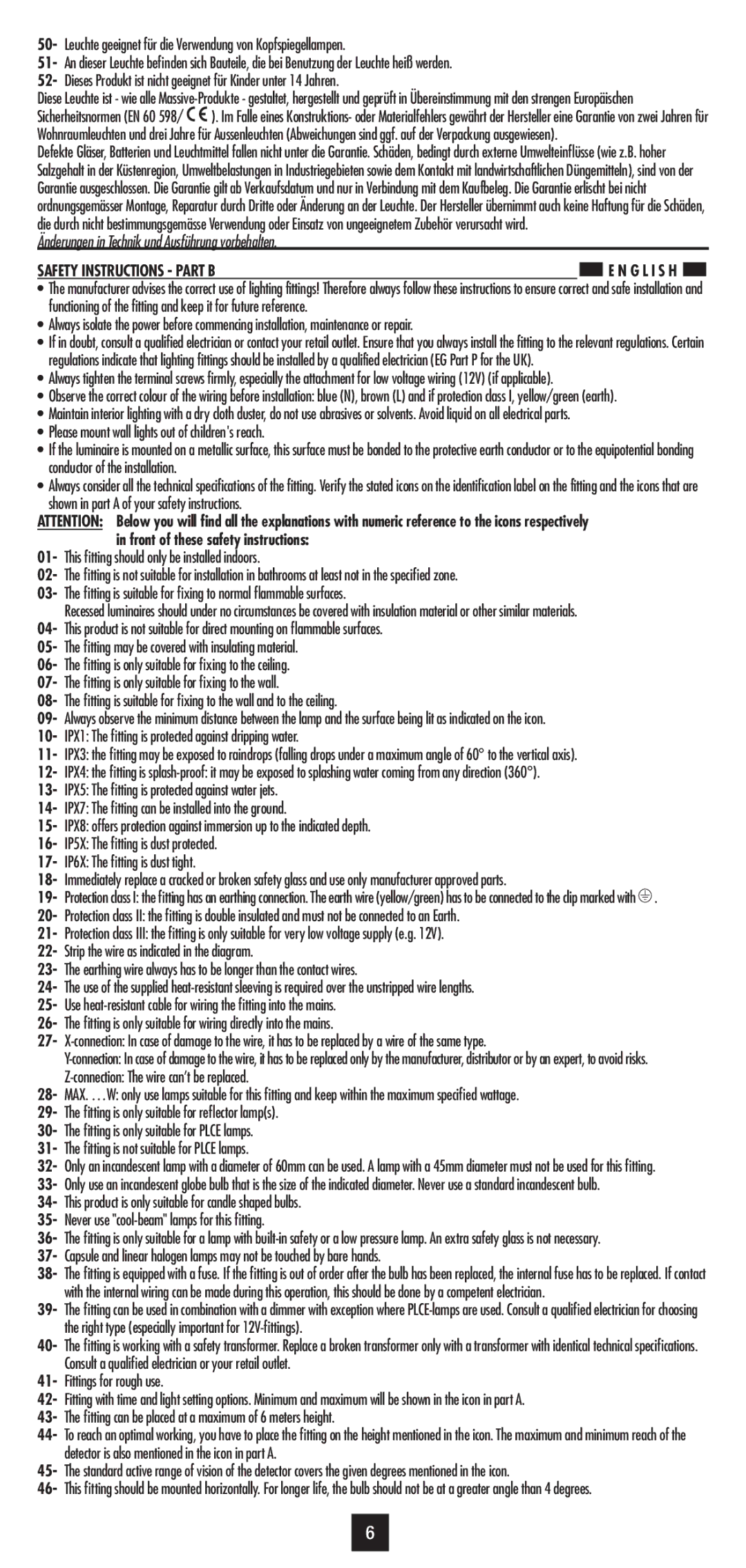 Philips 30185/**/16 user manual Safety Instructions Part B, IPX1 The fitting is protected against dripping water 