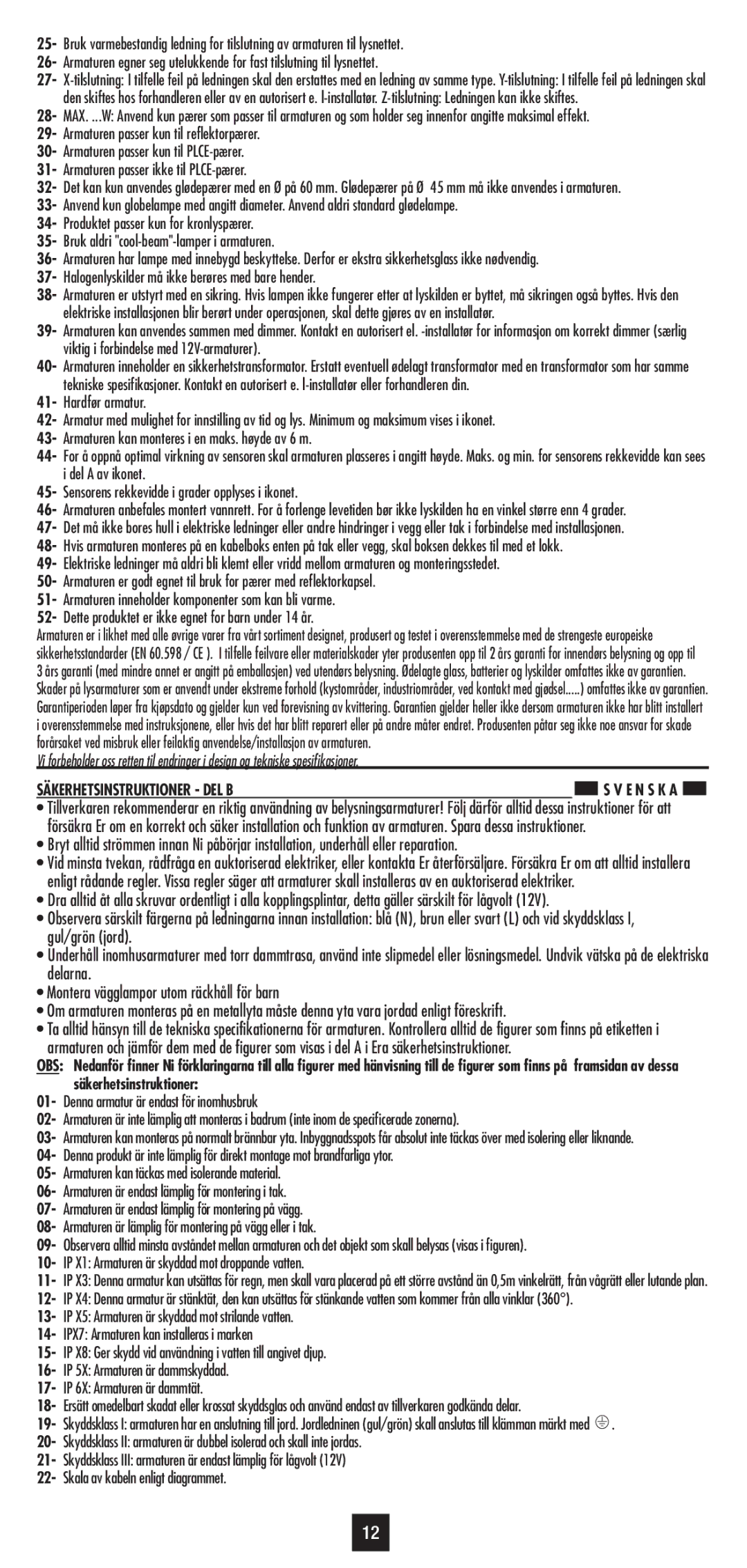 Philips 30187 user manual Säkerhetsinstruktioner DEL B 