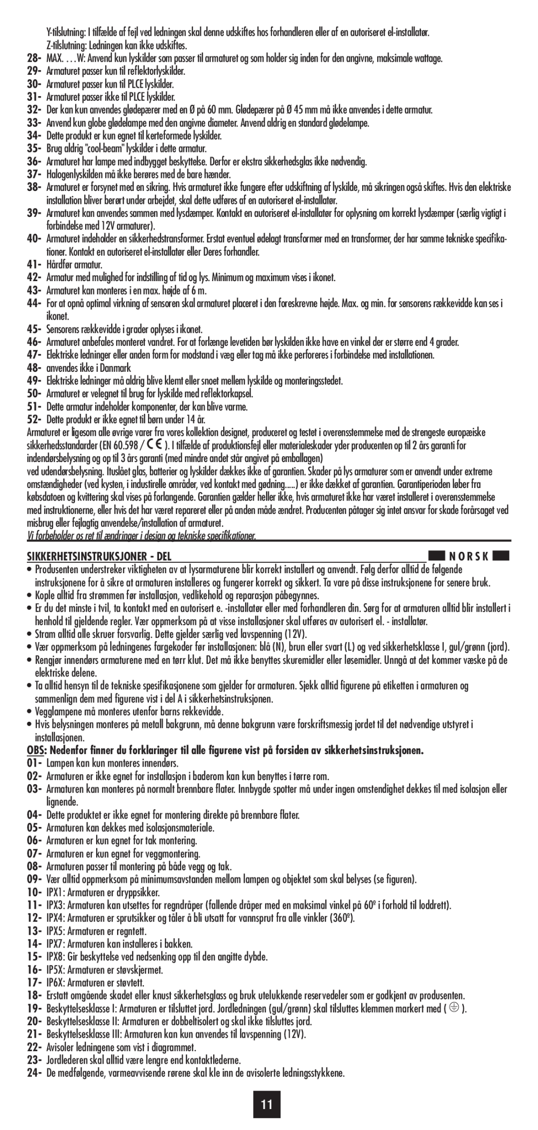 Philips 30187 user manual Sikkerhetsinstruksjoner - Del 