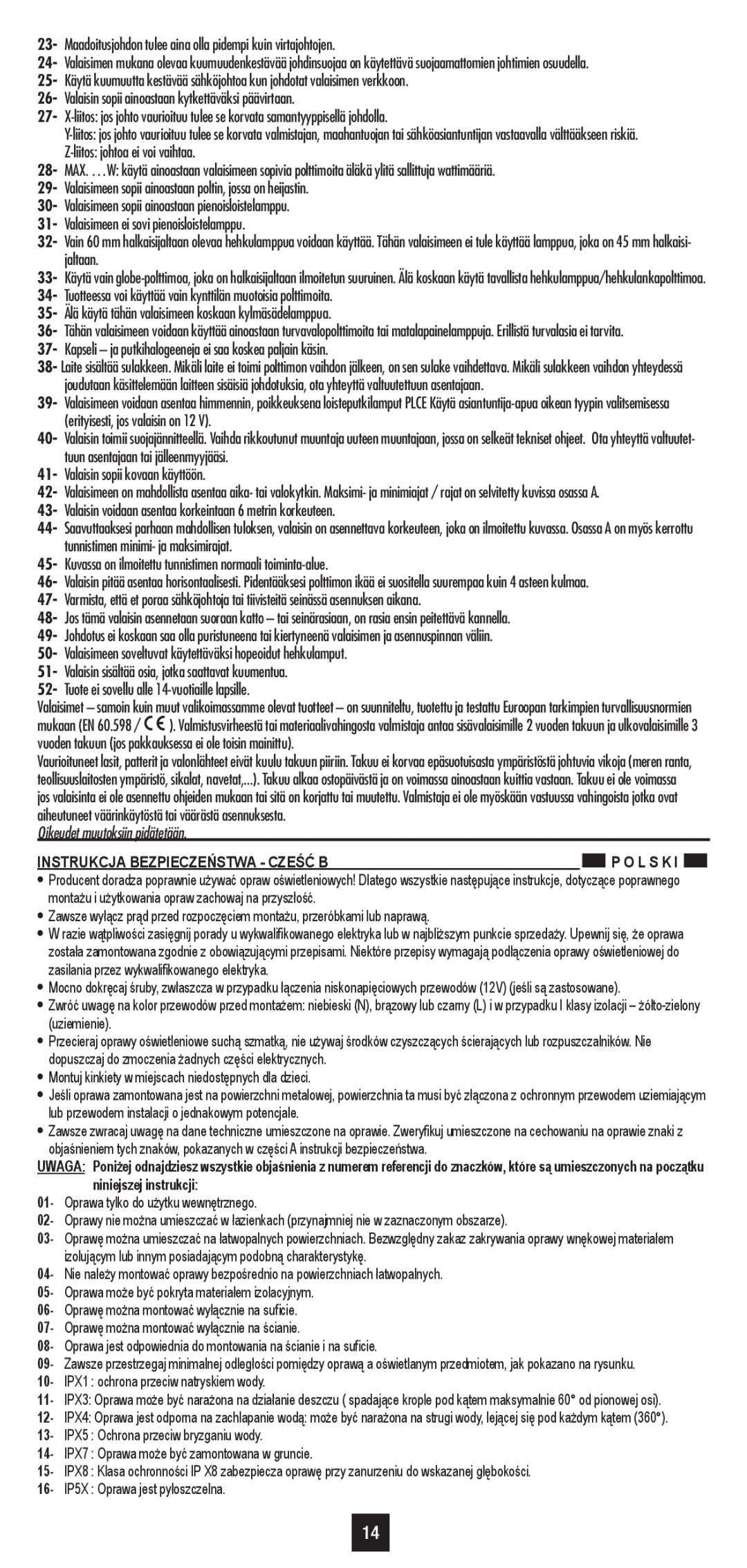 Philips 30187 user manual Oikeudet muutoksiin pidätetään, Instrukcja Bezpieczeństwa - Cześć B 