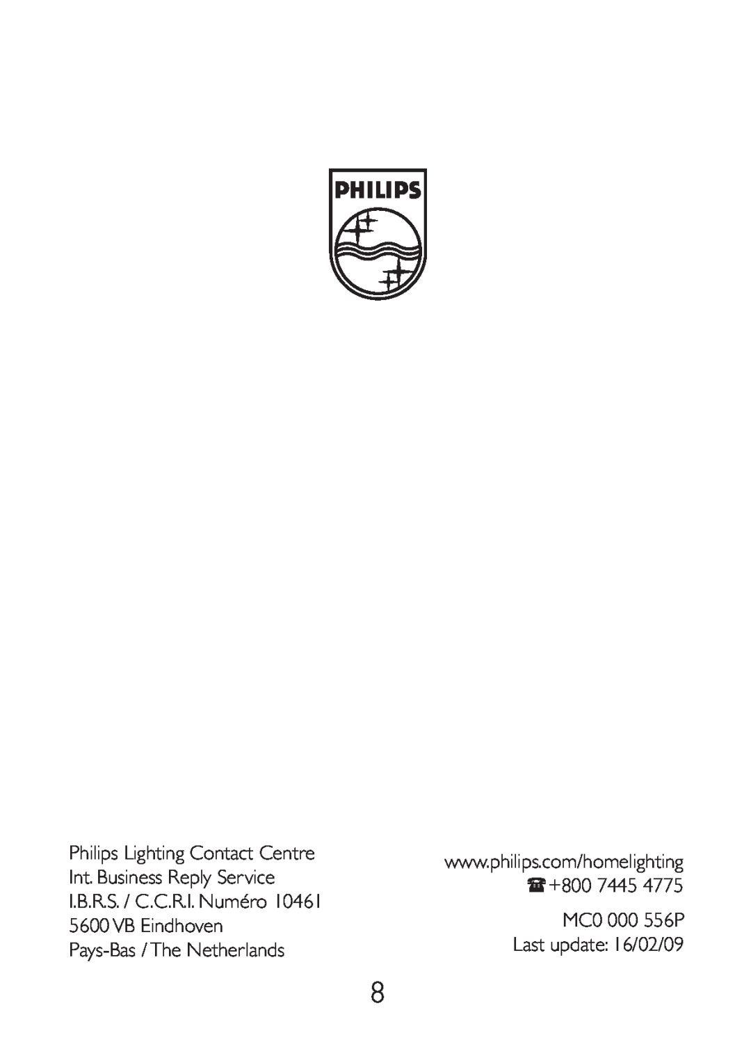Philips 30187 Philips Lighting Contact Centre, Int. Business Reply Service, +800 7445, I.B.R.S. / C.C.R.I. Numéro 