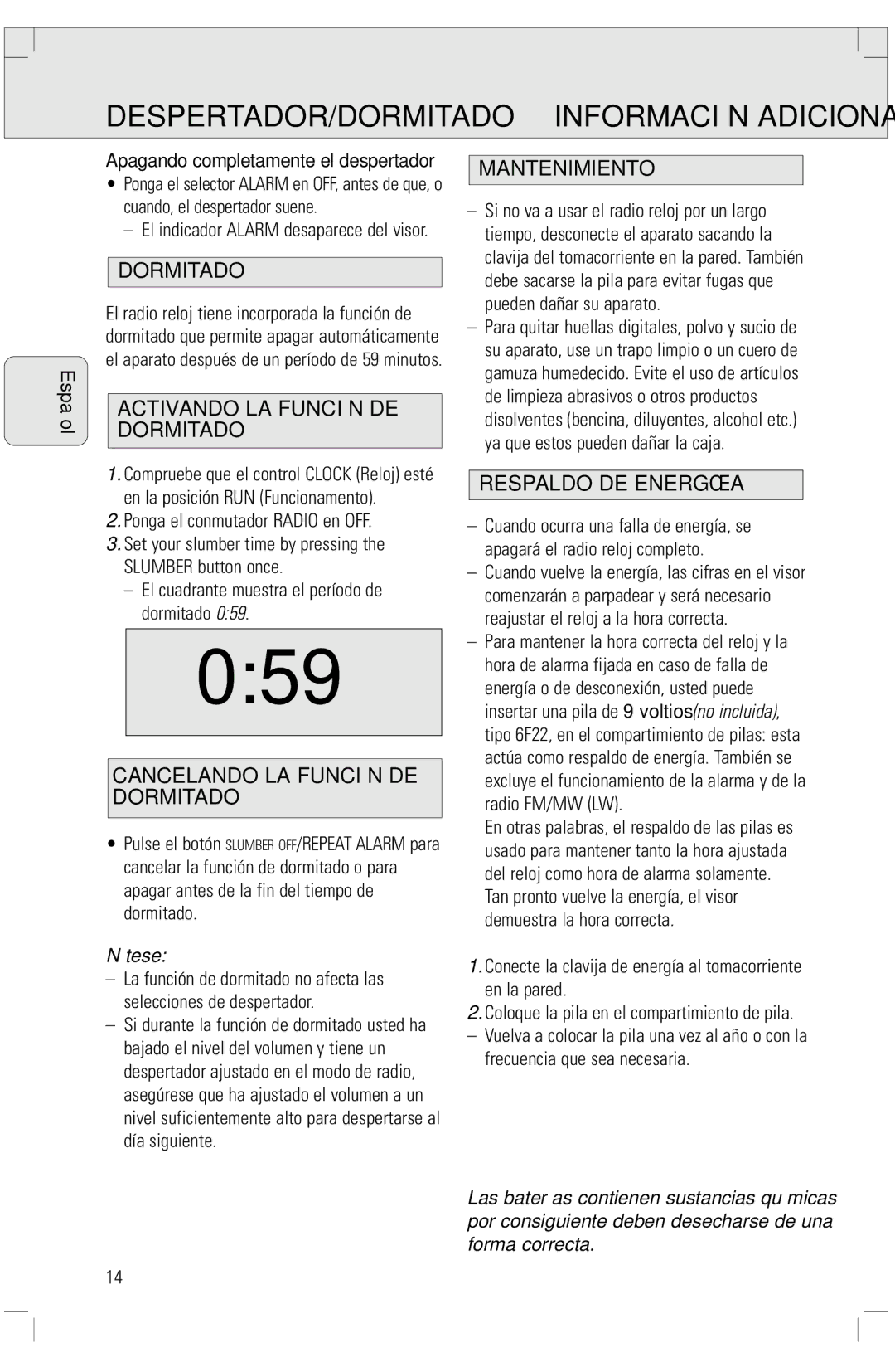 Philips 3080 Activando LA Función DE Dormitado, Cancelando LA Función DE Dormitado, Mantenimiento, Respaldo DE Energía 