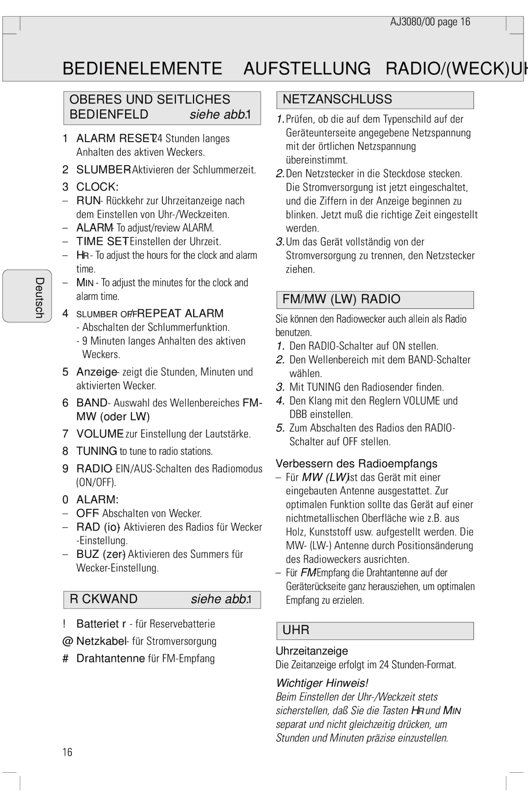 Philips 3080 manual Oberes UND Seitliches Bedienfeld, Rückwand, Netzanschluss, Uhr, Wichtiger Hinweis 