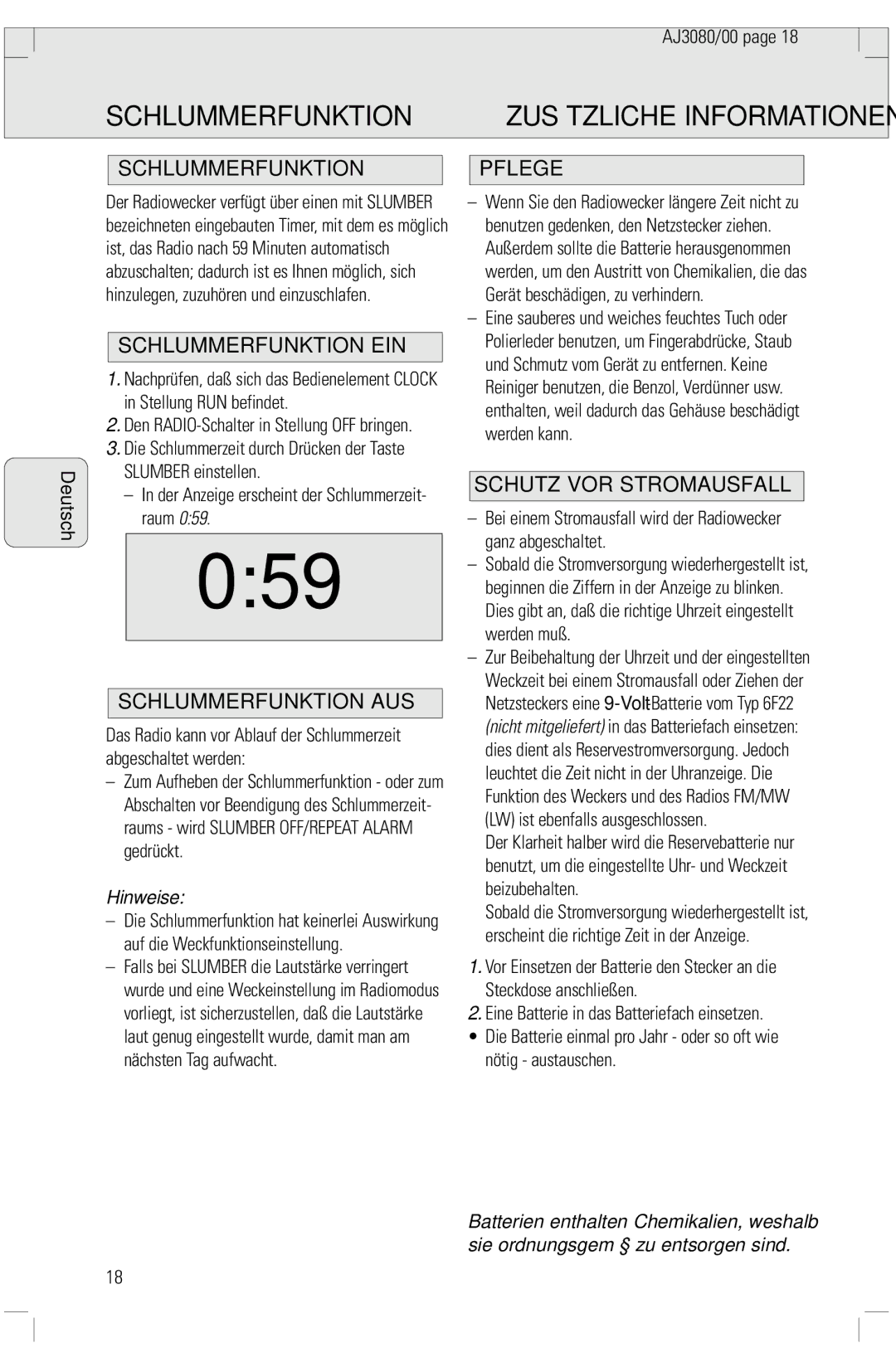 Philips 3080 Zusätzliche Informationen, Schlummerfunktion EIN, Schlummerfunktion AUS, Pflege, Schutz VOR Stromausfall 