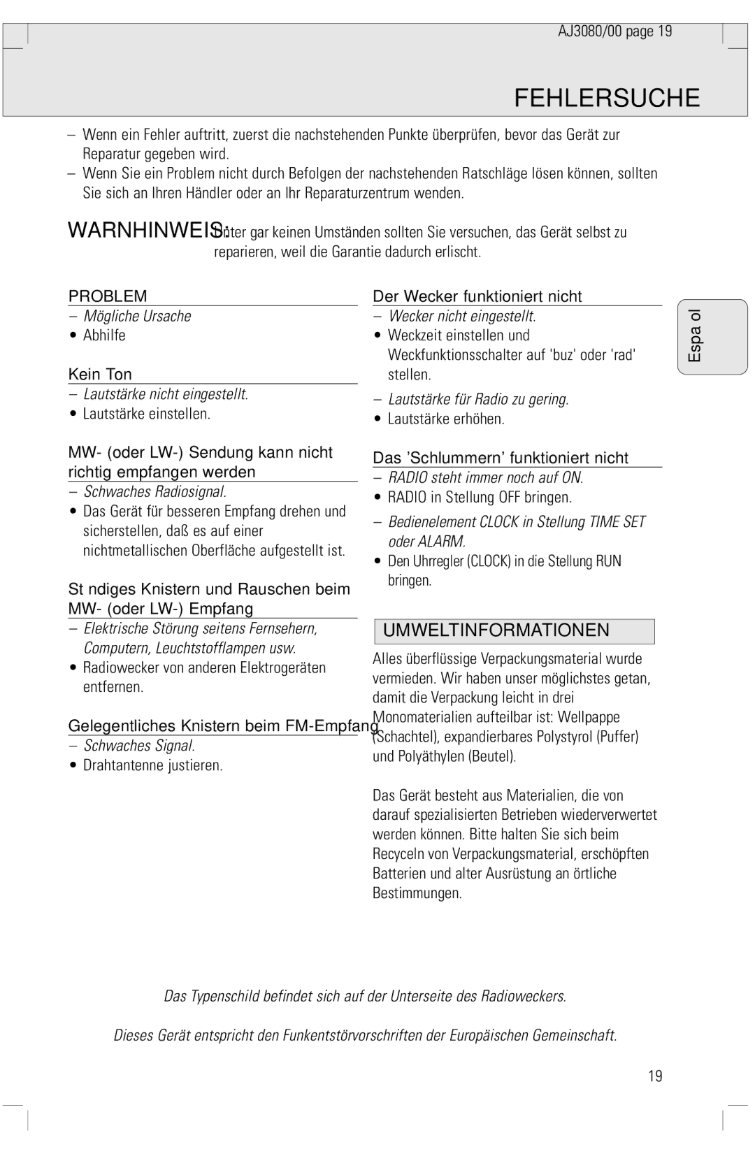 Philips 3080 manual Fehlersuche, Umweltinformationen 