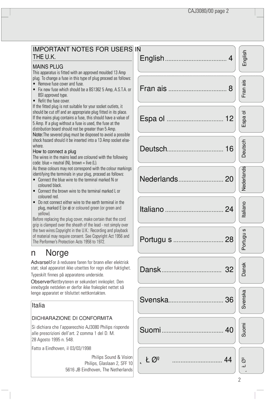 Philips manual Important Notes for Users in the U.K, CAJ3080/00, Mains Plug, Dansk Svenska Suomi 