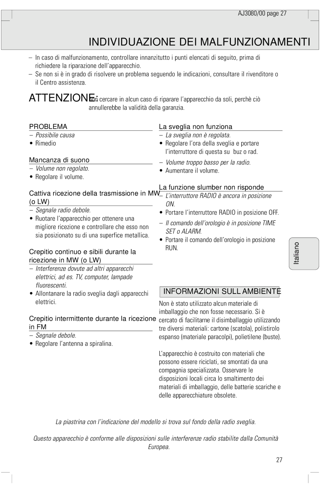 Philips 3080 manual Individuazione DEI Malfunzionamenti, Informazioni SULL’AMBIENTE 