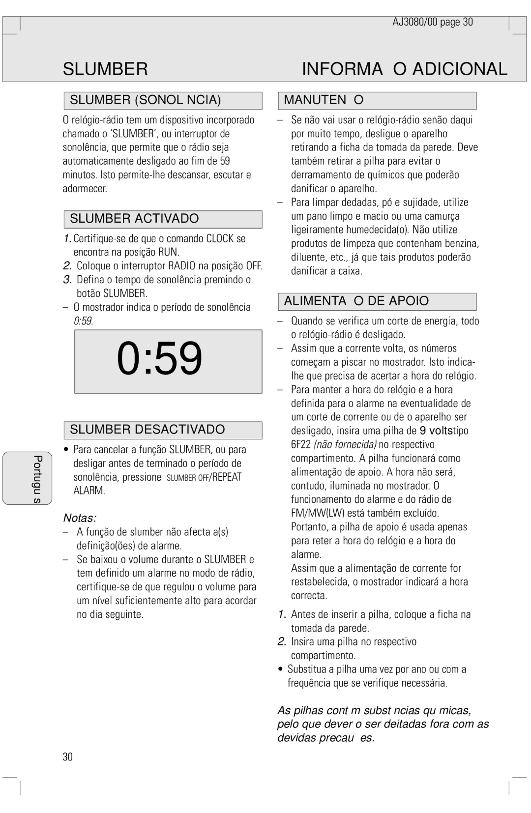 Philips 3080 manual Slumber Informação Adicional 