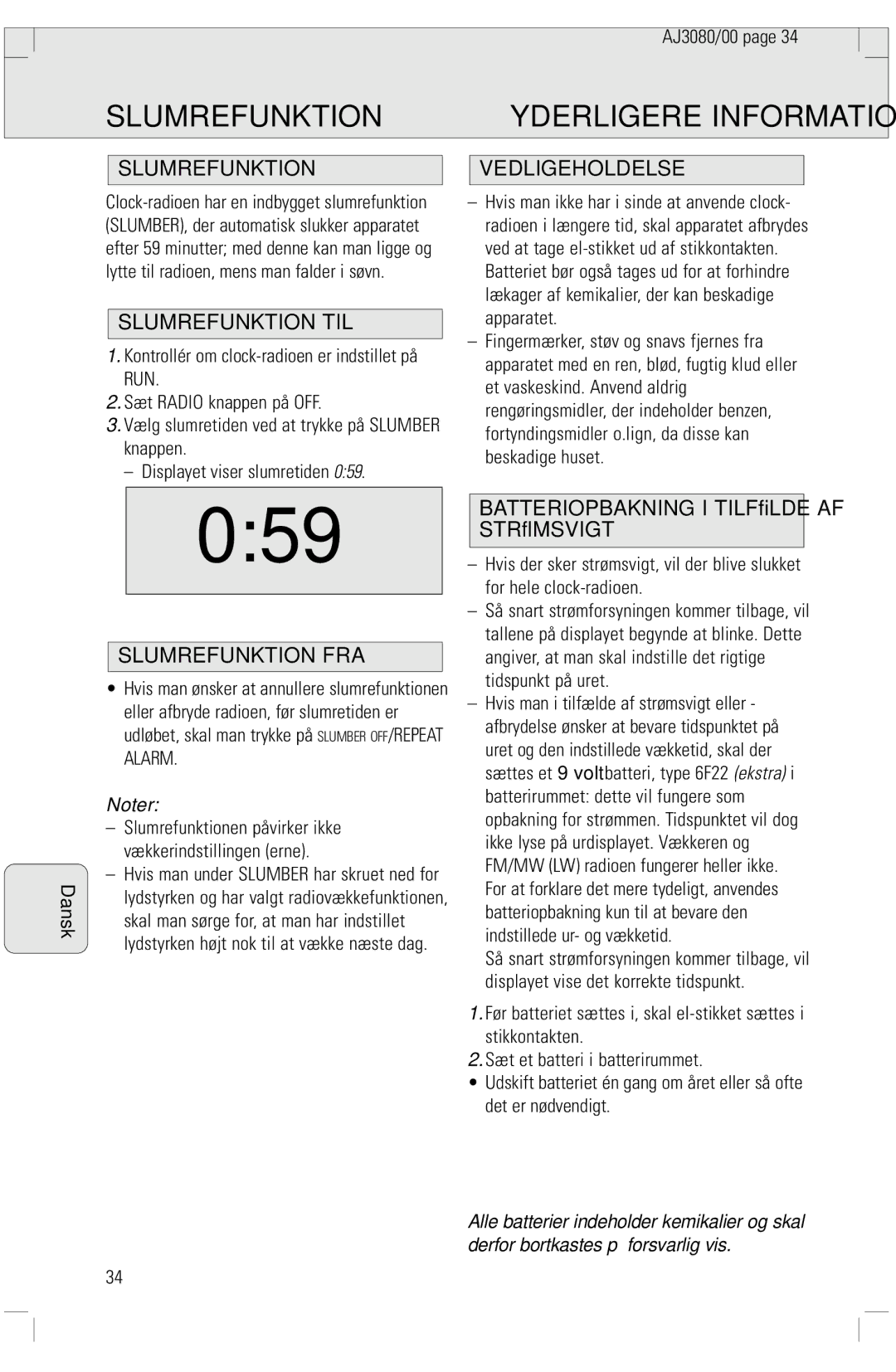 Philips 3080 manual Slumrefunktion 