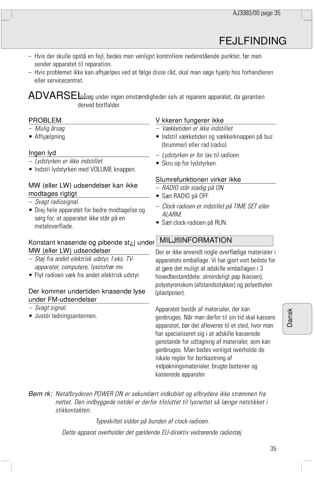 Philips 3080 manual Fejlfinding, Miljøinformation 