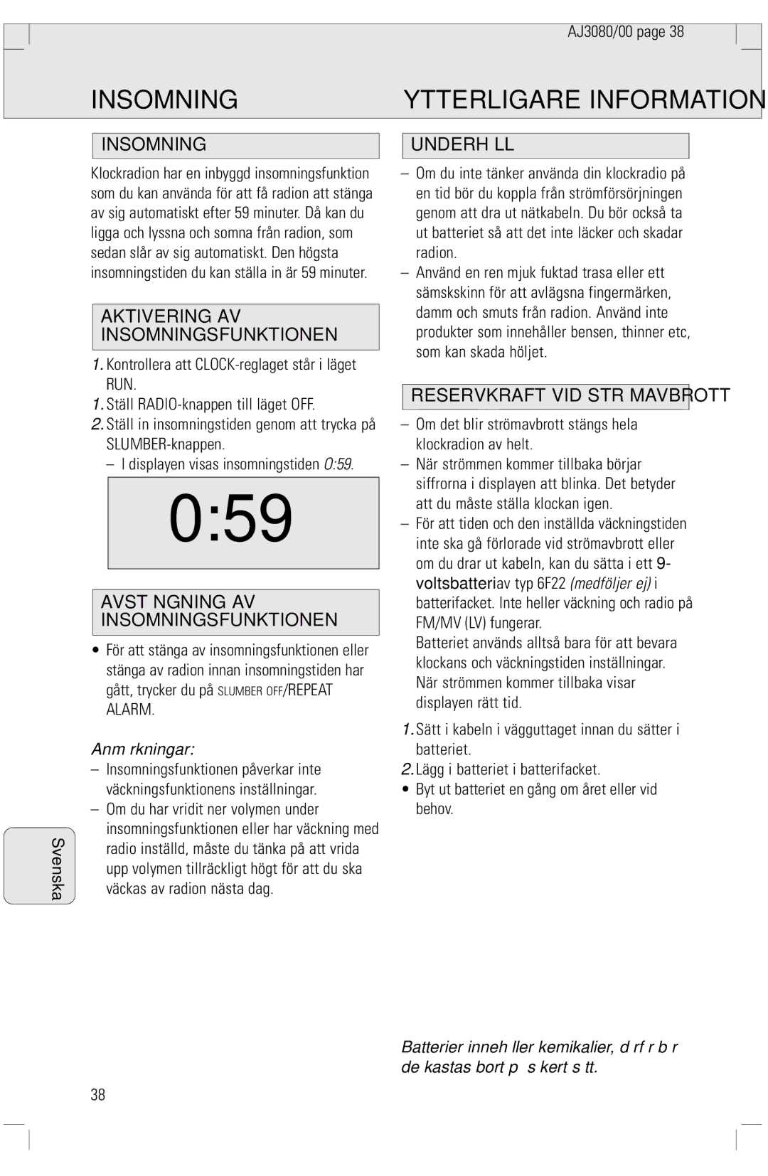 Philips 3080 manual Insomning 