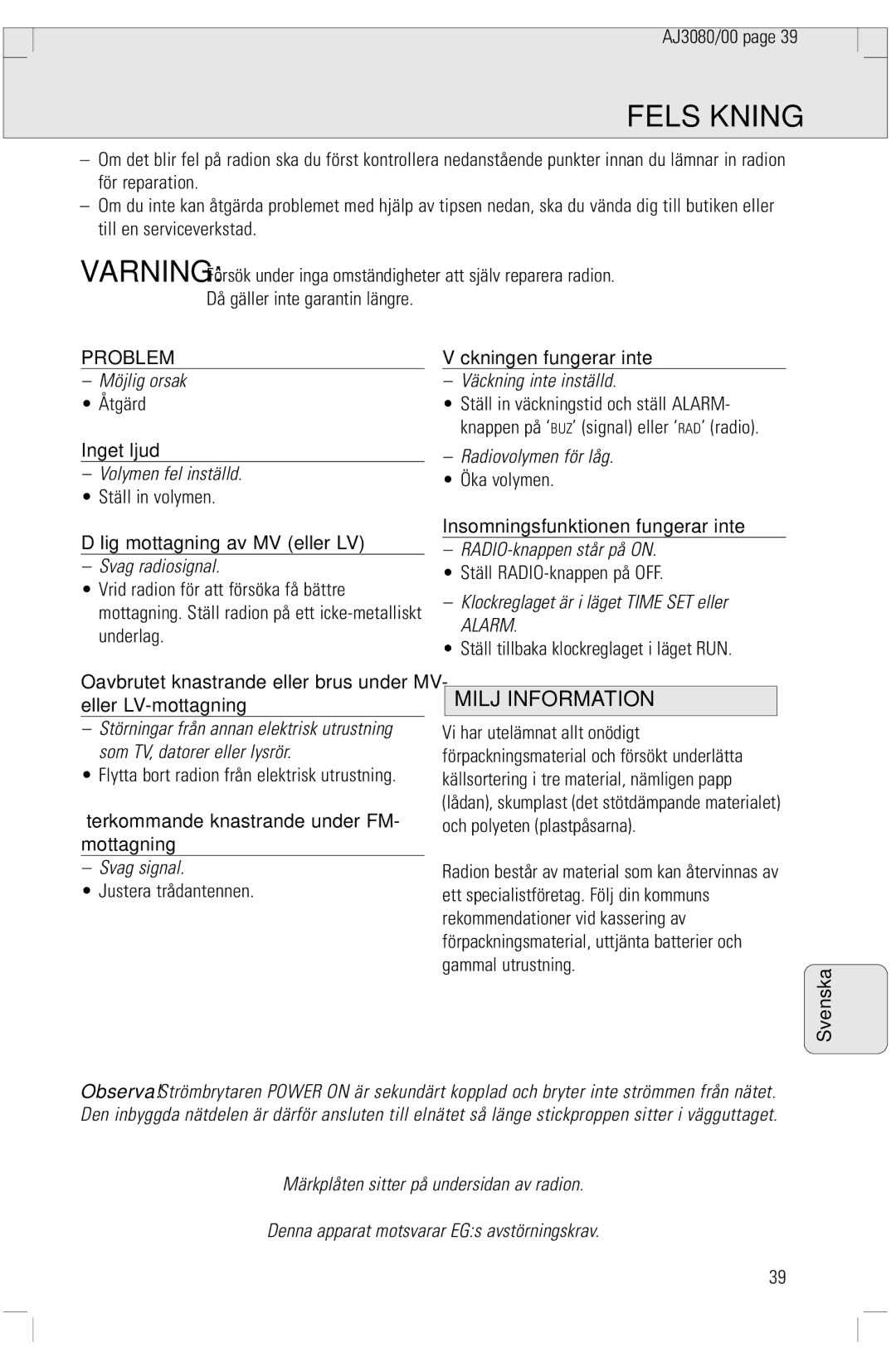 Philips 3080 manual Felsökning, Miljöinformation 