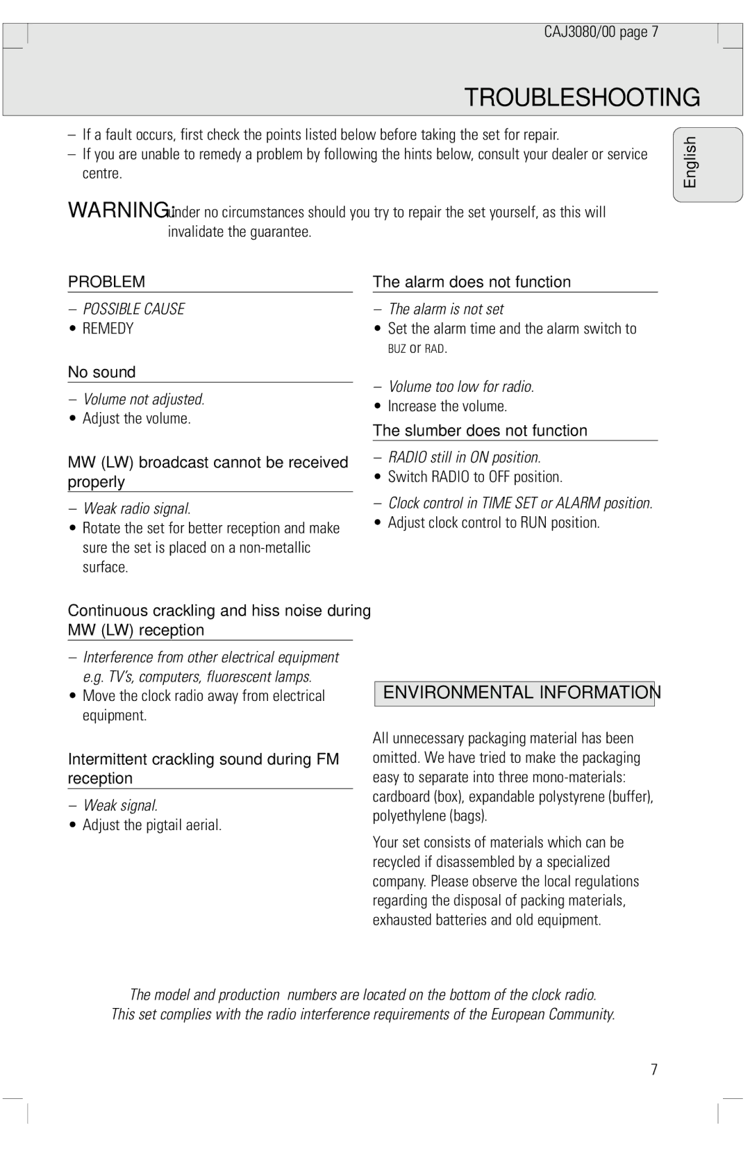 Philips 3080 manual Troubleshooting, Environmental Information, Problem 