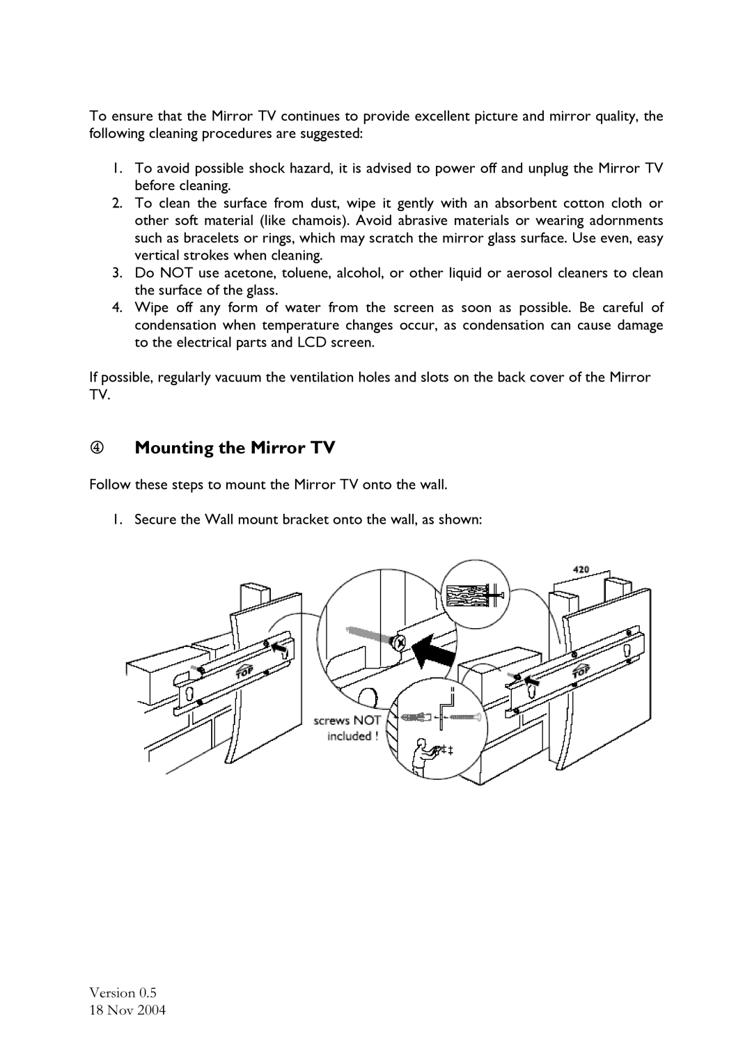 Philips 30MW9002 manual Mounting the Mirror TV 