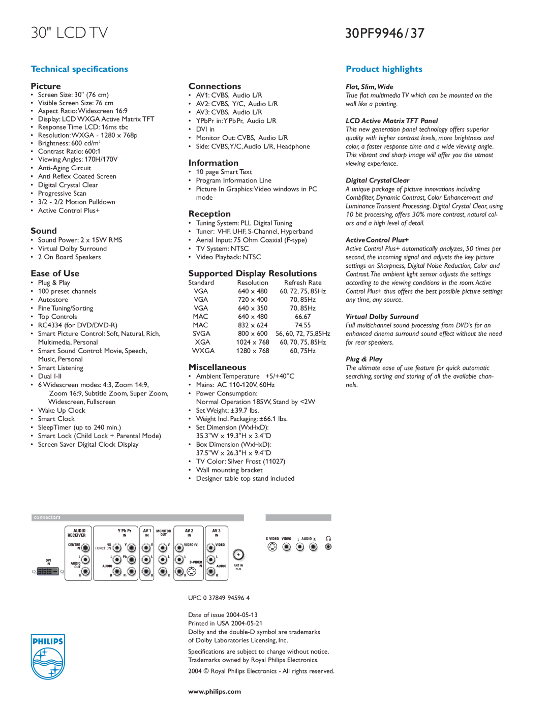 Philips 30PF9946/37 manual Picture, Sound, Ease of Use, Connections, Information, Reception, Supported Display Resolutions 