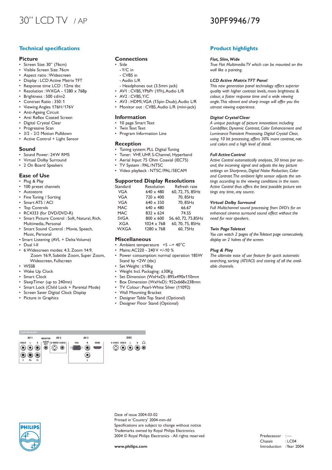 Philips 30PF9946/79 manual Picture Connections, Information, Reception, Sound, Ease of Use, Supported Display Resolutions 