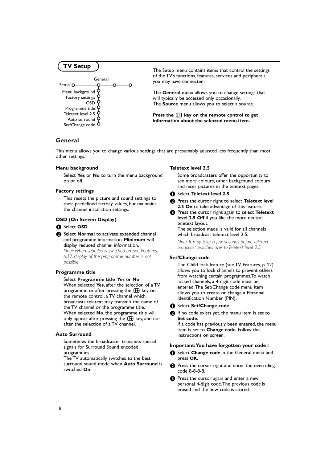 Philips 30PF9975/69 manual TV Setup, General 