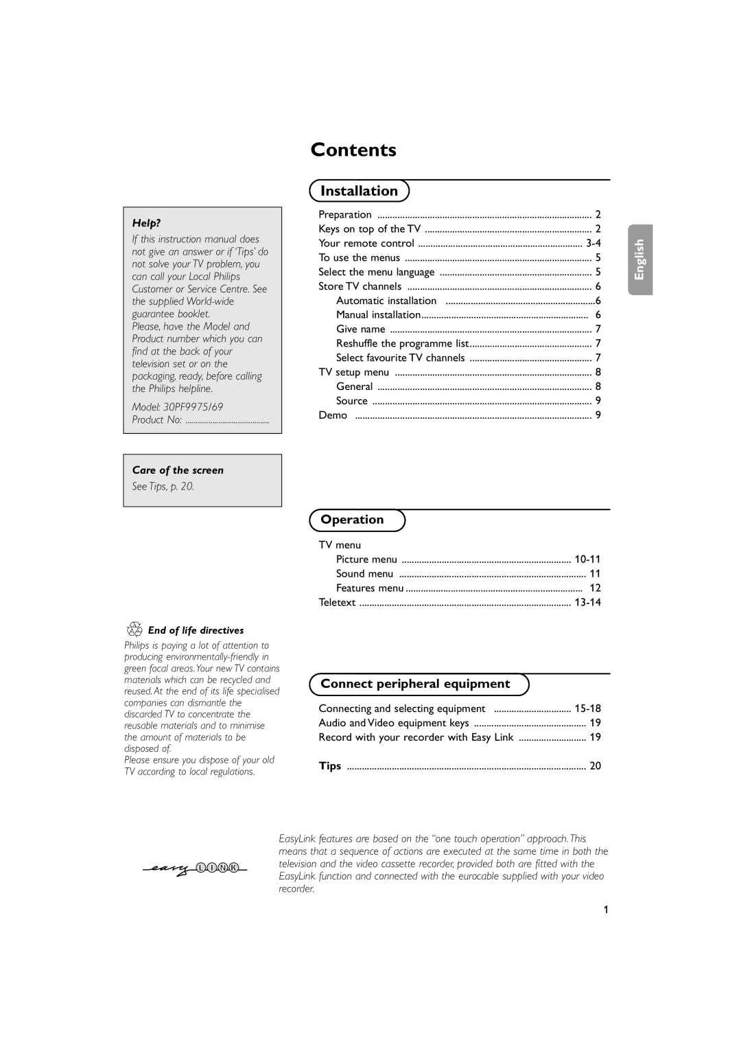 Philips 30PF9975/69 manual Contents 