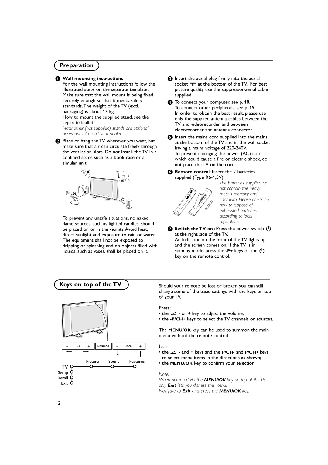 Philips 30PF9975/69 manual Preparation, Keys on top of the TV, MENU/OK key to confirm your selection 