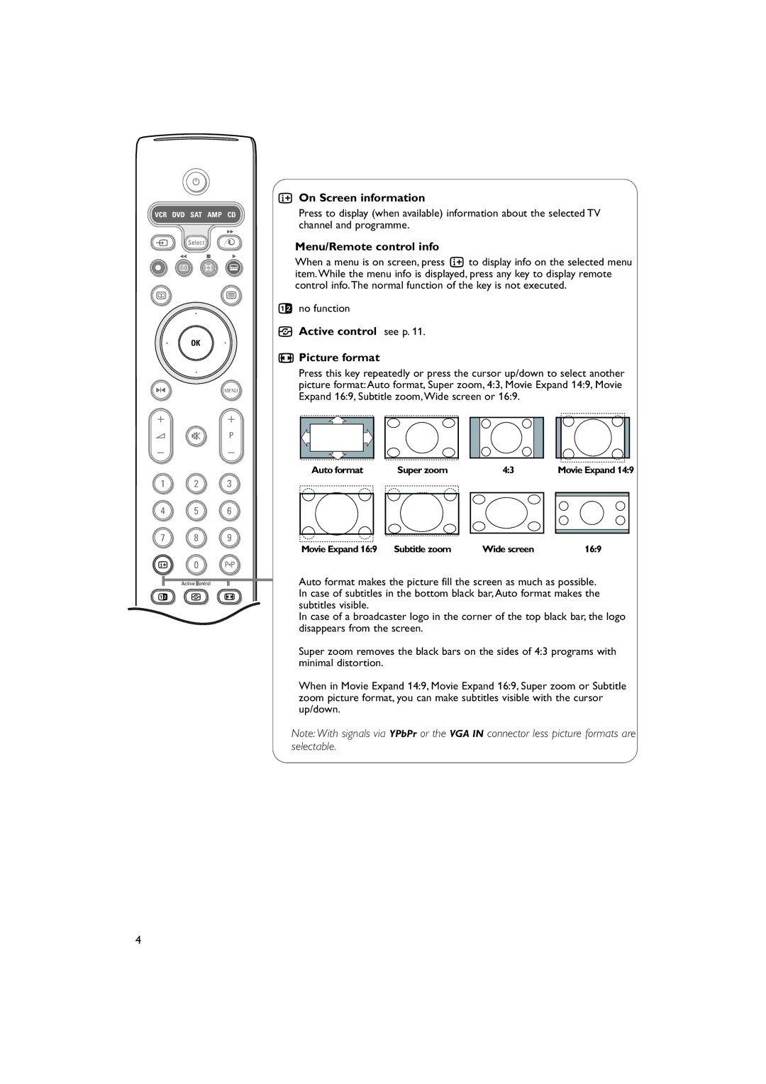 Philips 30PF9975/69 manual On Screen information, Menu/Remote control info, Active control see p Picture format 