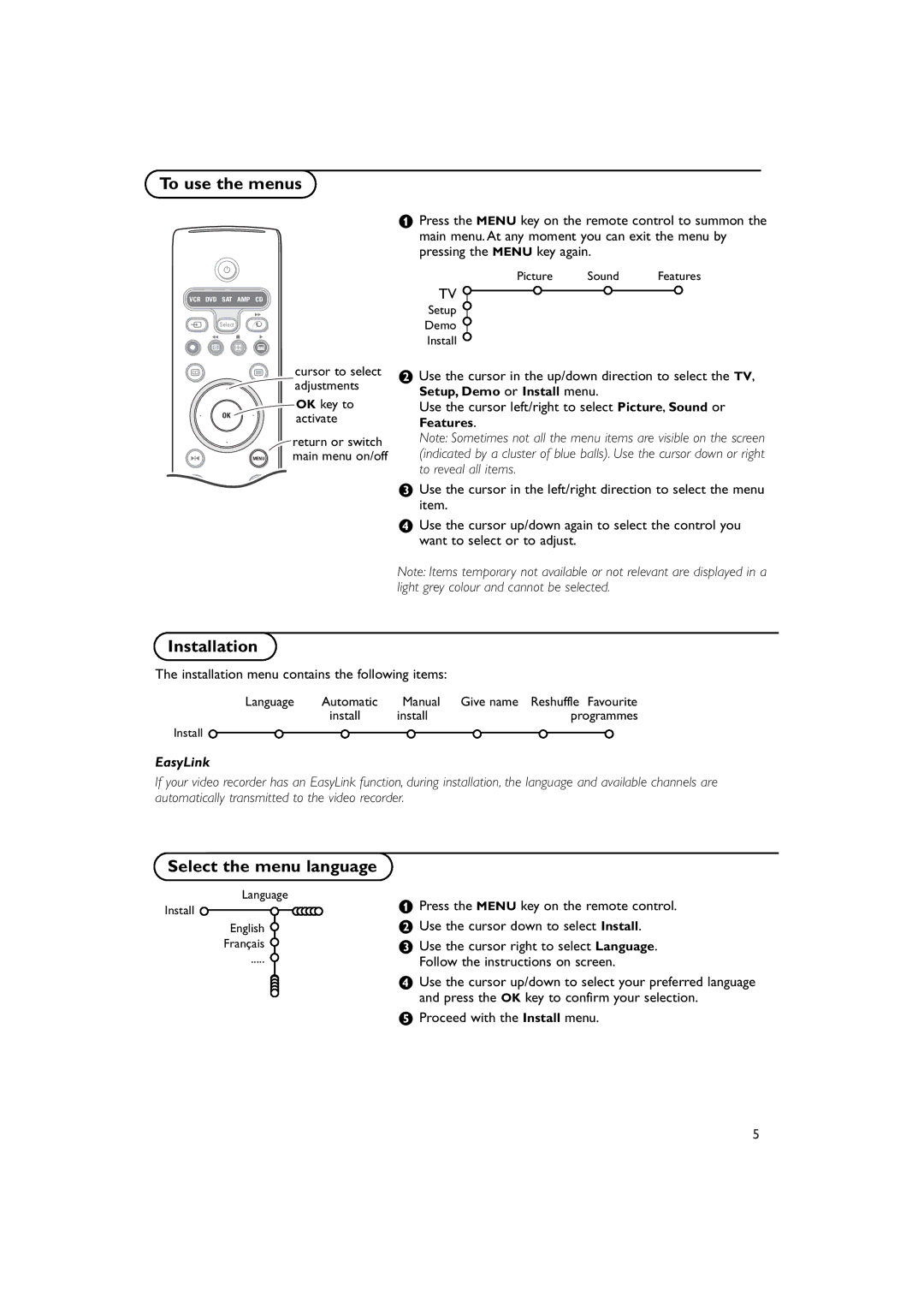 Philips 30PF9975/69 manual To use the menus, Installation, Select the menu language, Proceed with the Install menu 