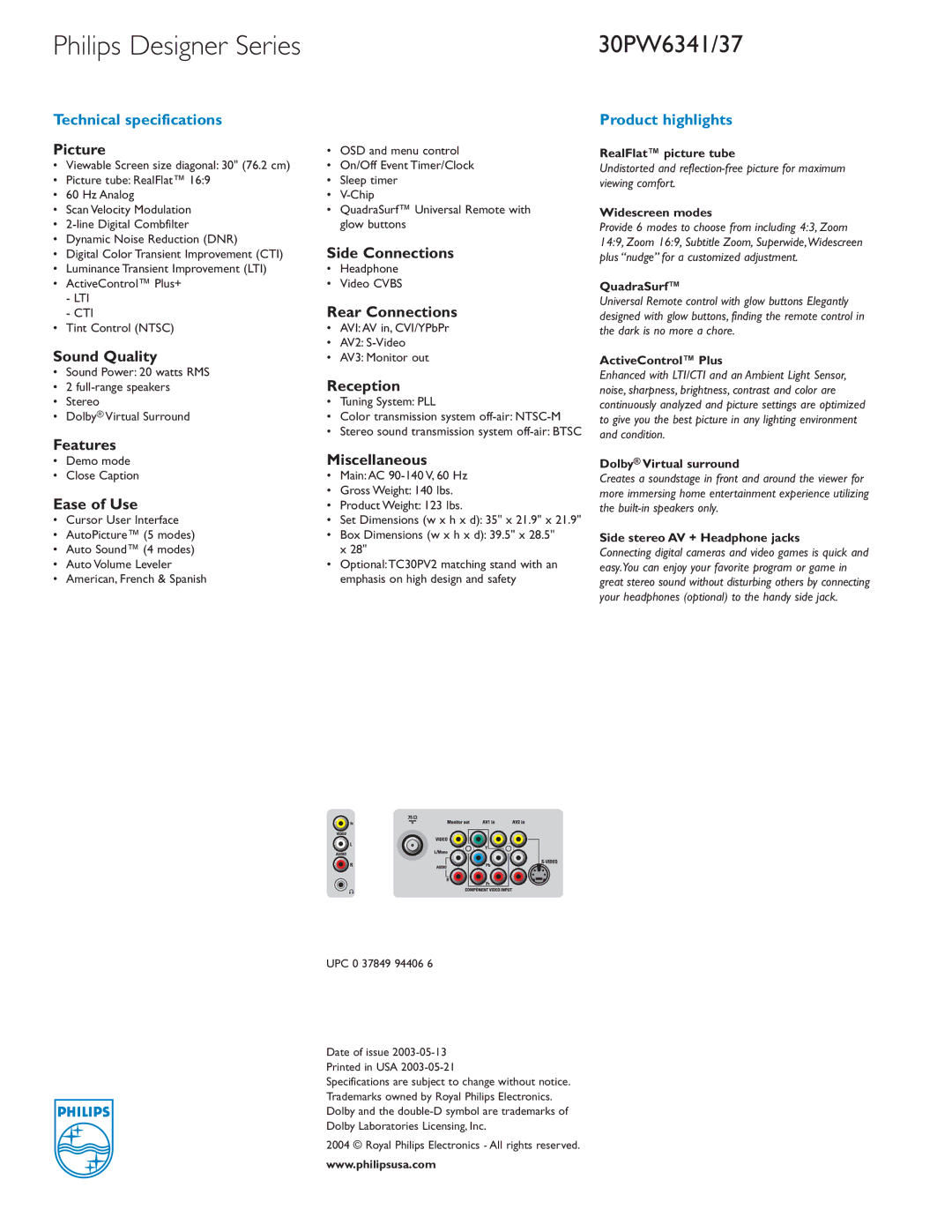 Philips 30PW6341, 30PW6337 Picture, Sound Quality, Features, Ease of Use, Side Connections, Rear Connections, Reception 