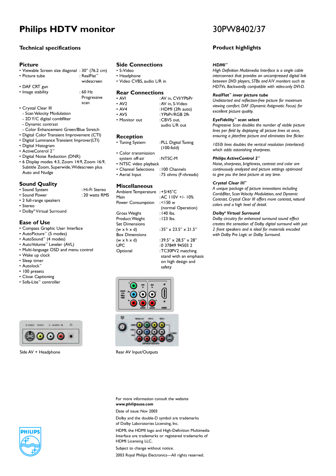 Philips 30PW8402 manual Product highlights, Side Connections 