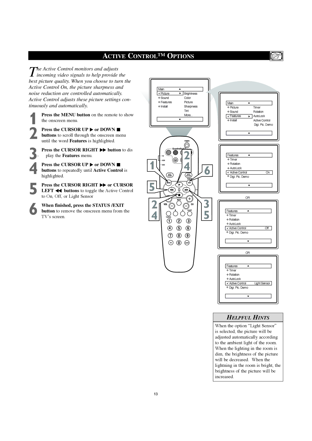 Philips 30PW8420 user manual Active Control Options, When finished, press the Status /EXIT 