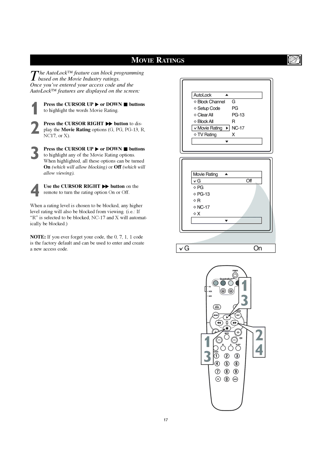 Philips 30PW8420 user manual GOn, Movie Ratings 