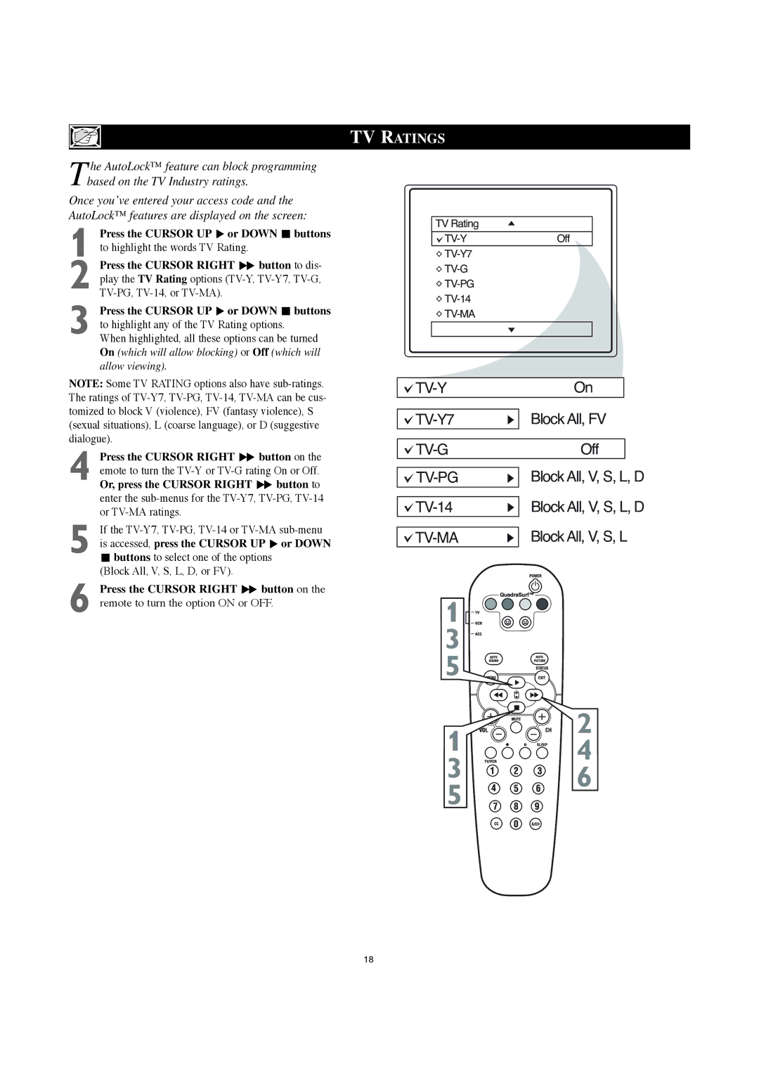 Philips 30PW8420 TV Ratings, If the TV-Y7, TV-PG, TV-14 or TV-MA sub-menu, Is accessed, press the Cursor UP q or Down 